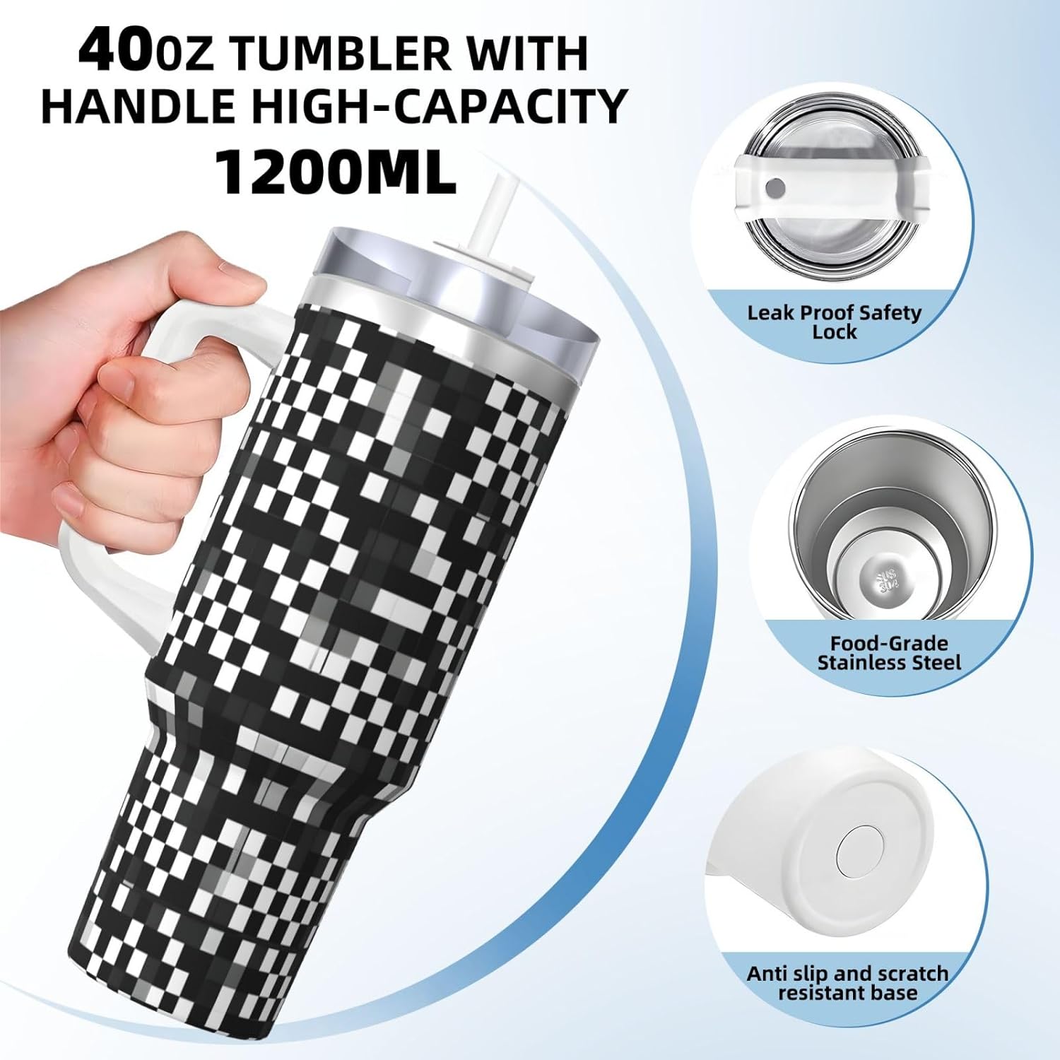 40 OZ Black White Formula Checkered Pattern Print Ice Bully Cup with Handle Straw Lid Straw,Stainless Steel Tumbler Coffee Cup