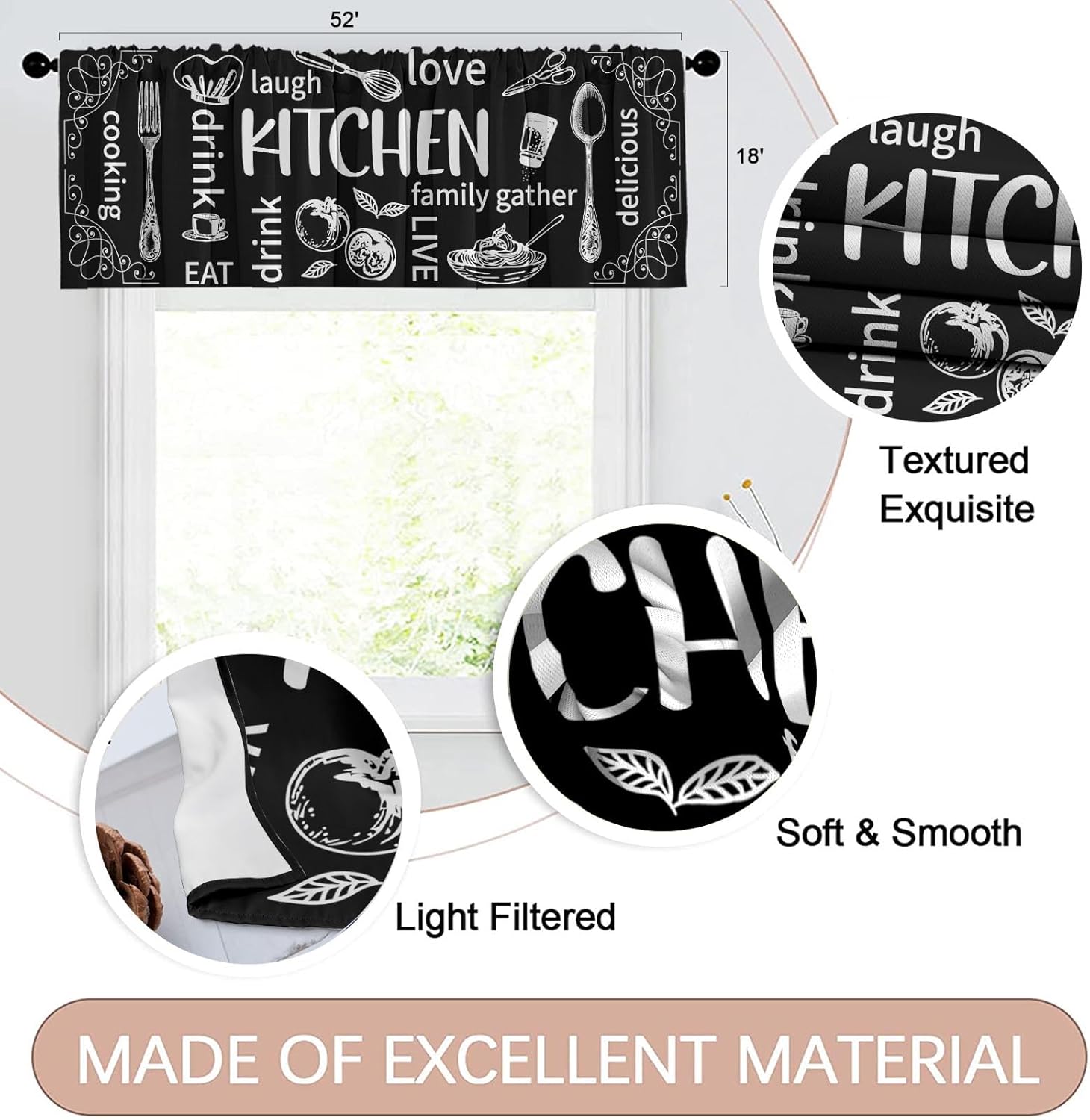 Emvency 4 Pack Valances Window Treatments, Farmhouse Kitchen Cooking White Black Blackout Adjustable for Living Room Bathroom Bedroom Kitchen Over Sink, 52x18 Inch Rod Pocket Valances