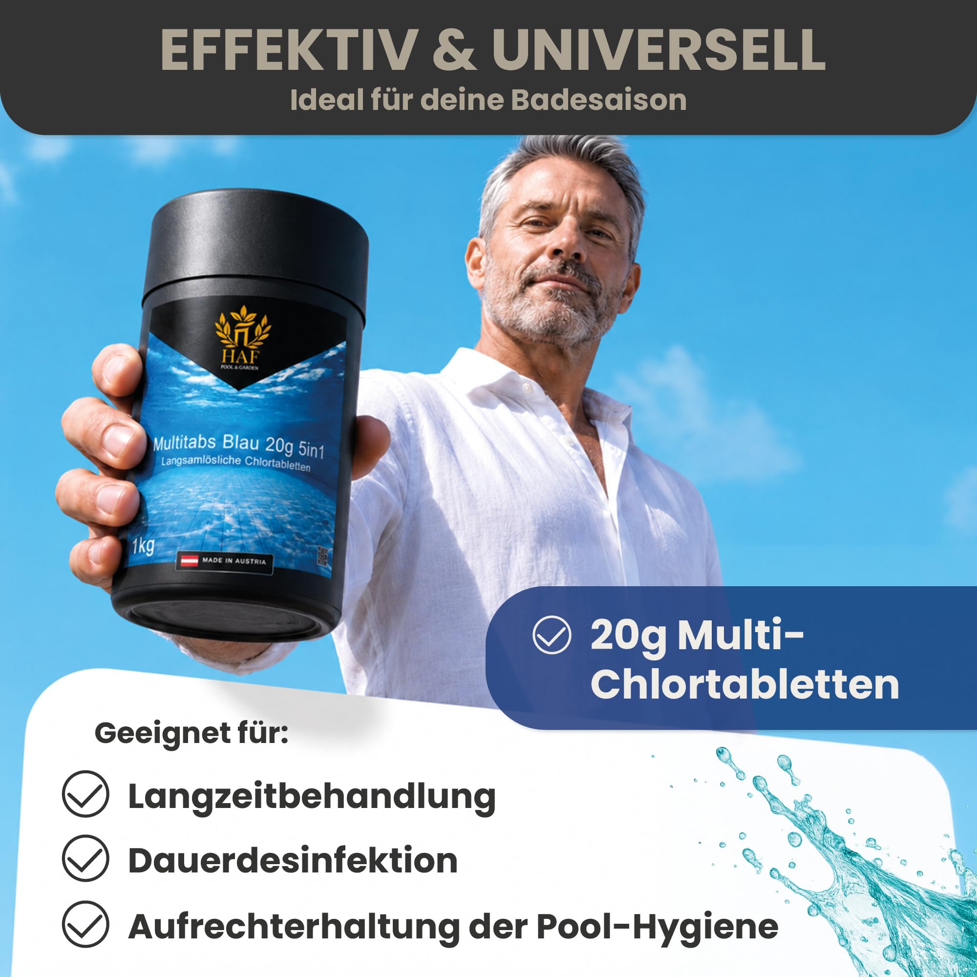HAF Pool Chlor-Tabletten (1 x 5 kg Eimer) – langsam lösliche Chlortabletten (20g pro Stück) | Chlor Multitabs 5 in 1 für Poolpflege, Desinfektion, Algenvorbeugung & hygienisch klares Poolwasser