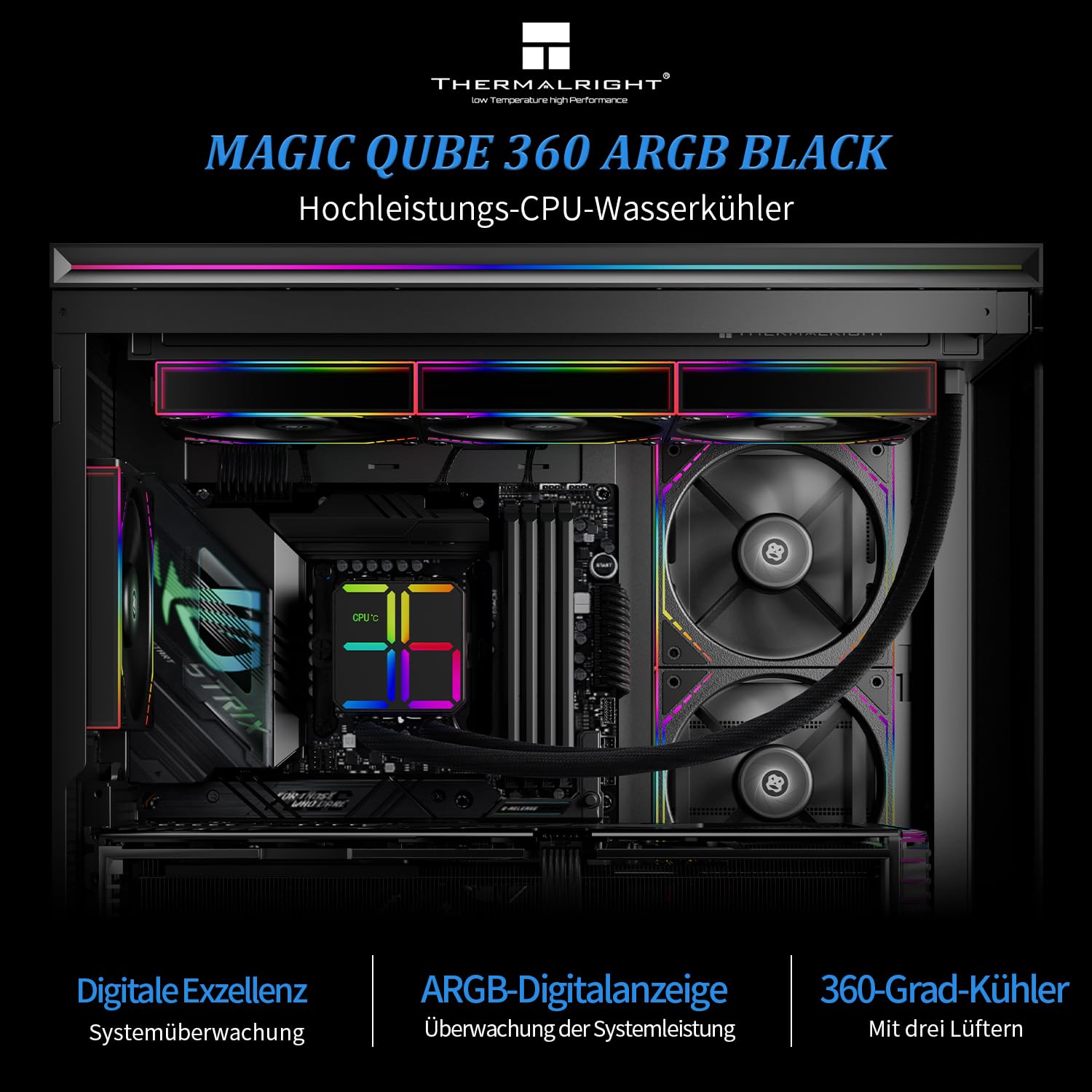 TR Magic Qube 360 ARGB Black Liquid CPU Cooler, Building Block Fan with 2000RPM, for AM4/AM5, Intel LGA1150/1151/1200/1700/1851, Temperature Controlled Color Changing Digital Screen
