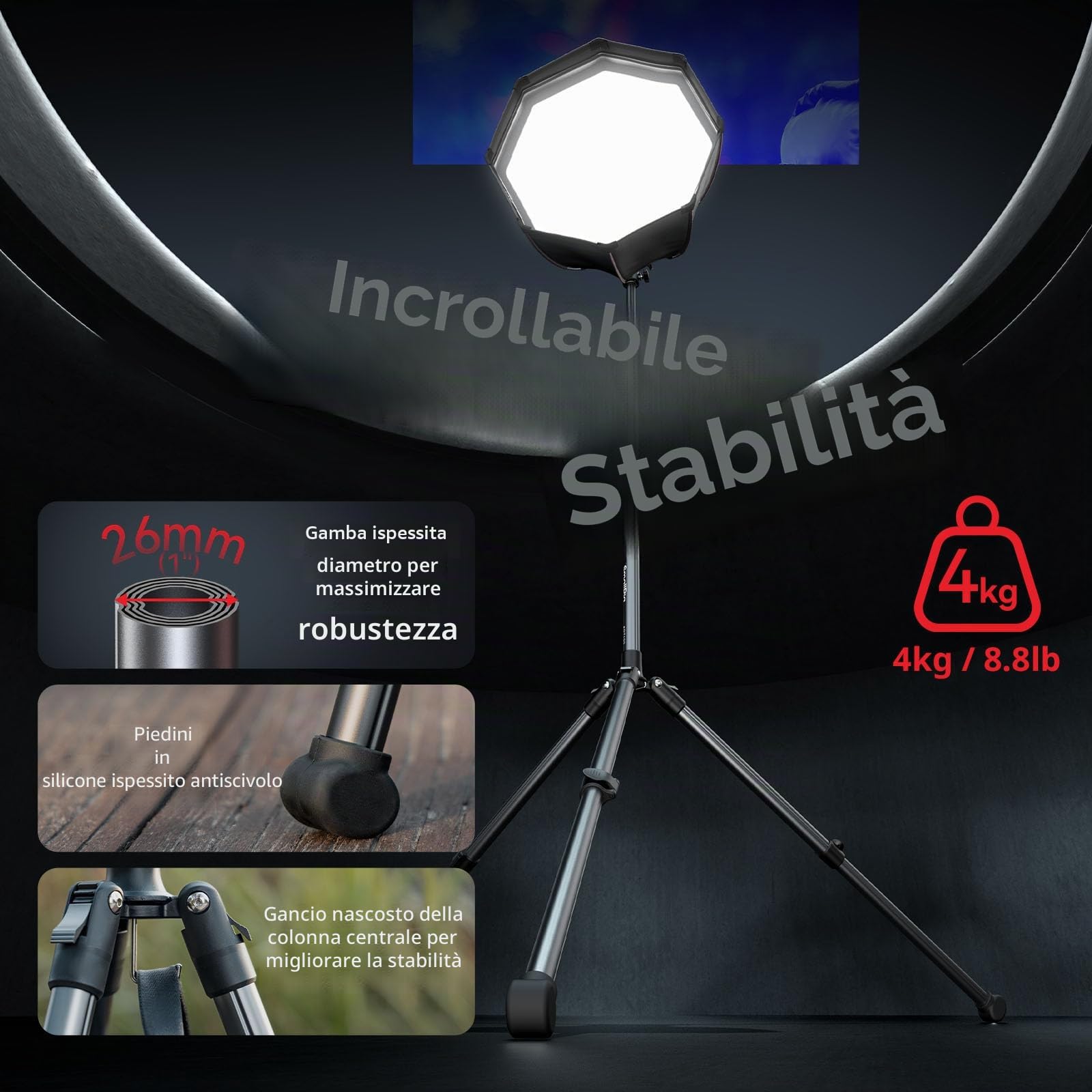 SMALLRIG Supporto per Luci da 74,8"/190 cm, Treppiede Compatto per Torce, Luce ad Anello, Luci Video LED/RGB, Luce COB, Supporto per Illuminazione Pieghevole e Regolabile, Dimensioni 16,9"/43 cm -5475
