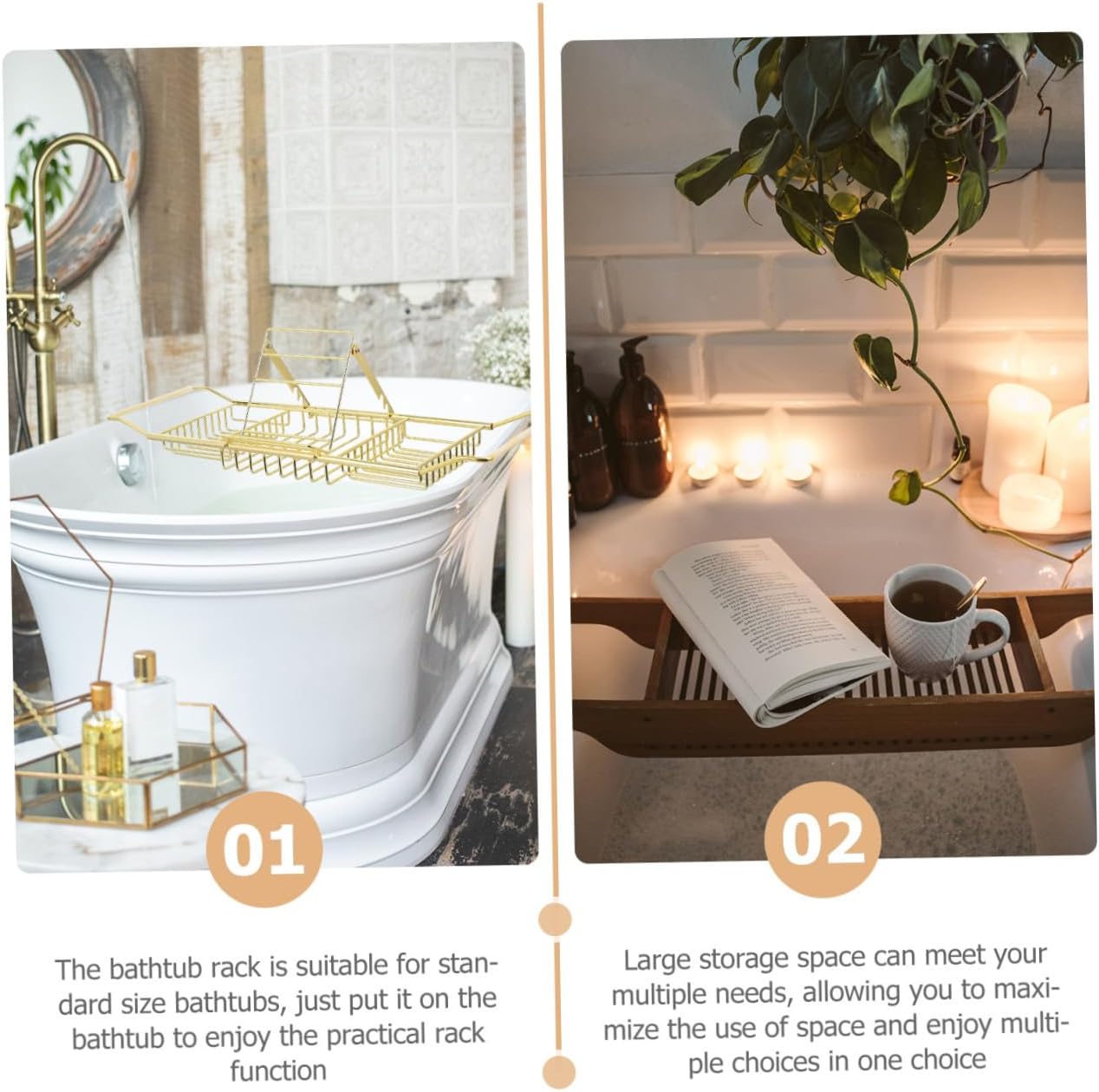 VICASKY Stainless Steel Bathtub Storage Holder with Telescopic Rack and Book Stand Bathroom Phone and Tablet Shelf for Relaxing Baths Golden Finish