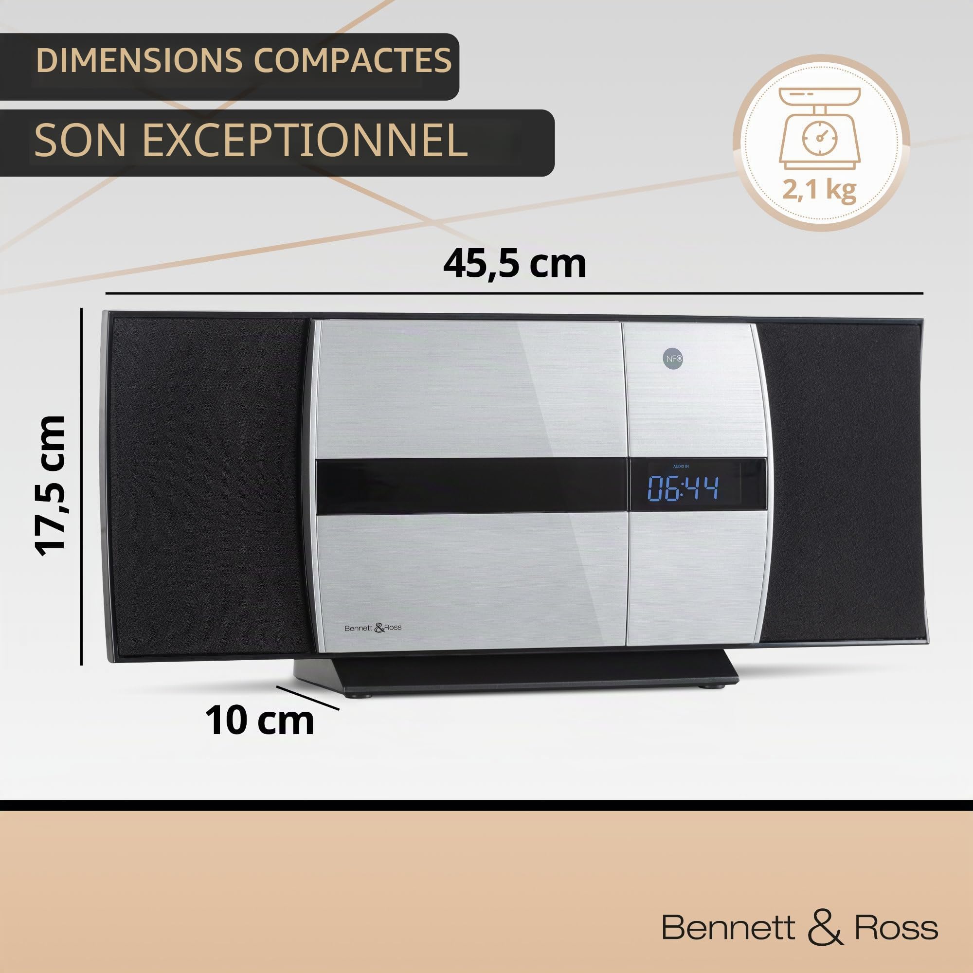 Bennett & Ross Ålesund Microchaîne hi-fi avec lecteur CD, MP3, UKW, USB, Bluetooth NFC - Installation murale ou sur pied - Argenté