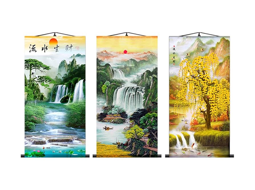 Amazon.co.jp: Zzooi 中国風水絵画 流れ落ちる滝 壁アート 吊り