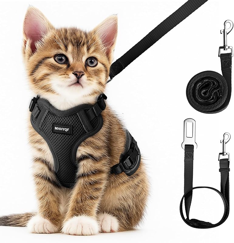 Peitoral para Gatos com Guia, Ajustável, Tela Respirável e Faixa Refletiva MHHYQF Preto XS