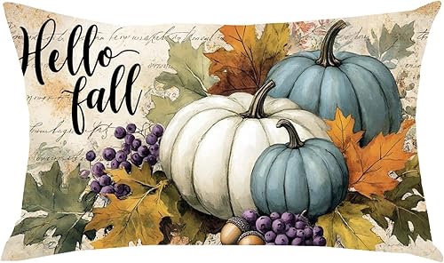 Funda de almohada decorativa de lino y algodón con diseño de calabazas azules y blancas, diseño de cosecha de otoño con texto en inglés "Hello Fall