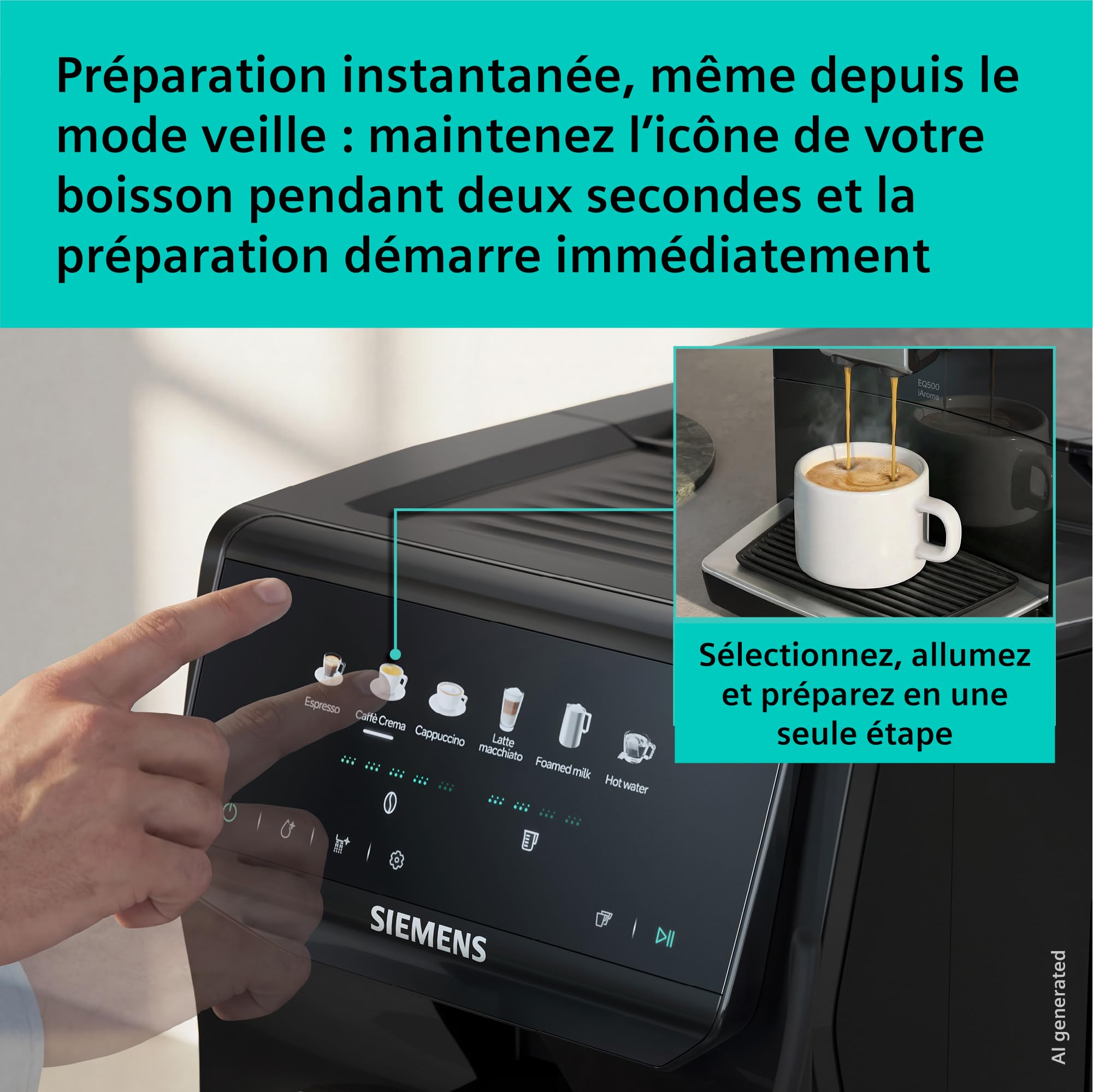 SIEMENS EQ500 iAroma, machine à café automatique avec broyeur intégré, commandes tactiles pour 6 boissons et personnalisation rapide, nettoyage facile, noir, TP551E07