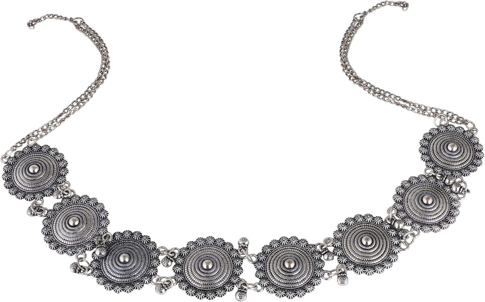 Jwellmart Oxidised Oxidized SIlver Indian Wedding Bollywood Floral Ghungroo Rajasthani Sheeshphool/Mathapatti Hairband Maang Tikka Matha Patti for Women (Circle)