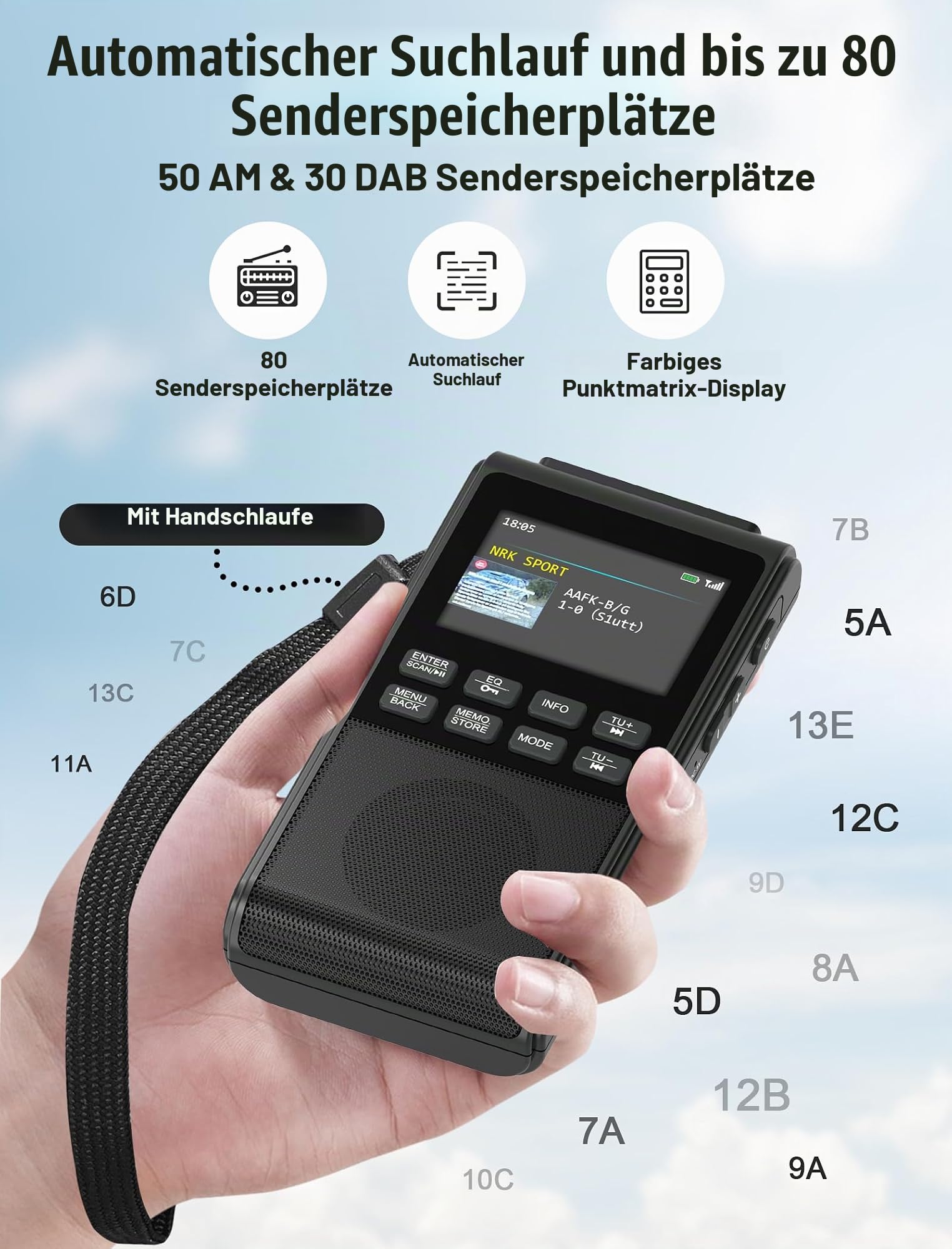 Tragbares DAB-Radio mit Bluetooth 5.3, wiederaufladbares, batteriebetriebenes FM-Radio, klein, Dual-Alarmuhr, DAB+ Digitalradio mit Farbdisplay, großer 5-W-Lautsprecher, unterstützt SD-Karte und