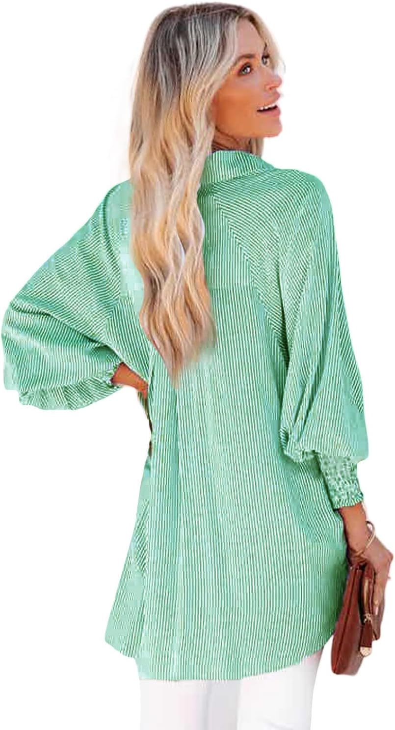 Womens Smocked Cuffed Striped Boyfriend Shirt Casual Collar Long Sleeve Oversized Button Down Blouse Tops with Pocket Shirred - Image 2