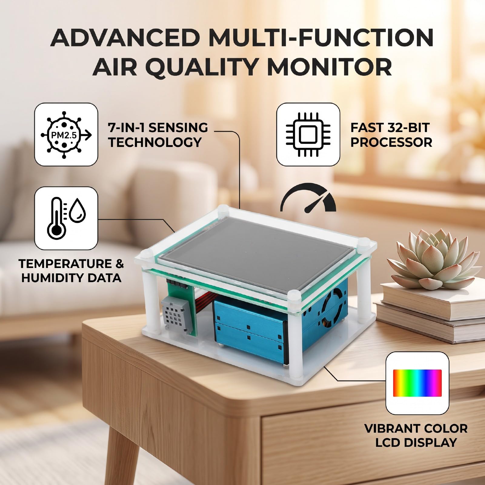 GOWENIC Monitor z Czujnikiem Jakości Powietrza w Pomieszczeniu, Kolorowy Wyświetlacz 2,8 Cala dla PM2,5 PM1,0 PM10 TVOC Wilgotność, Temperatura, Czujnik Wysokiej Czułości, Domowe Biuro Samochodowe,