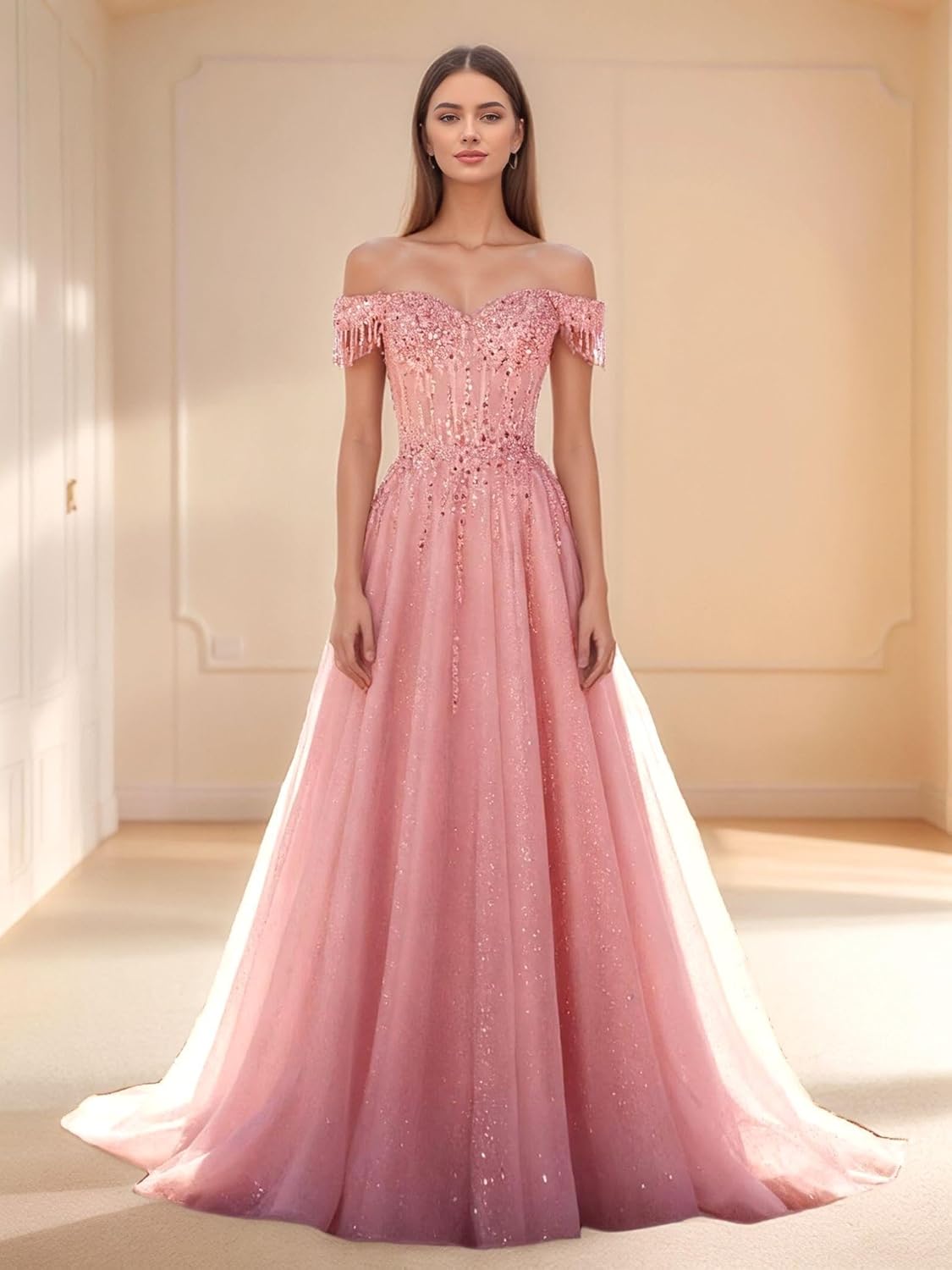 2026 Off Shoulder Beaded Prom Dresses Sparkly Tulle Ball Gown Flowy A Line Formal Evening Dress