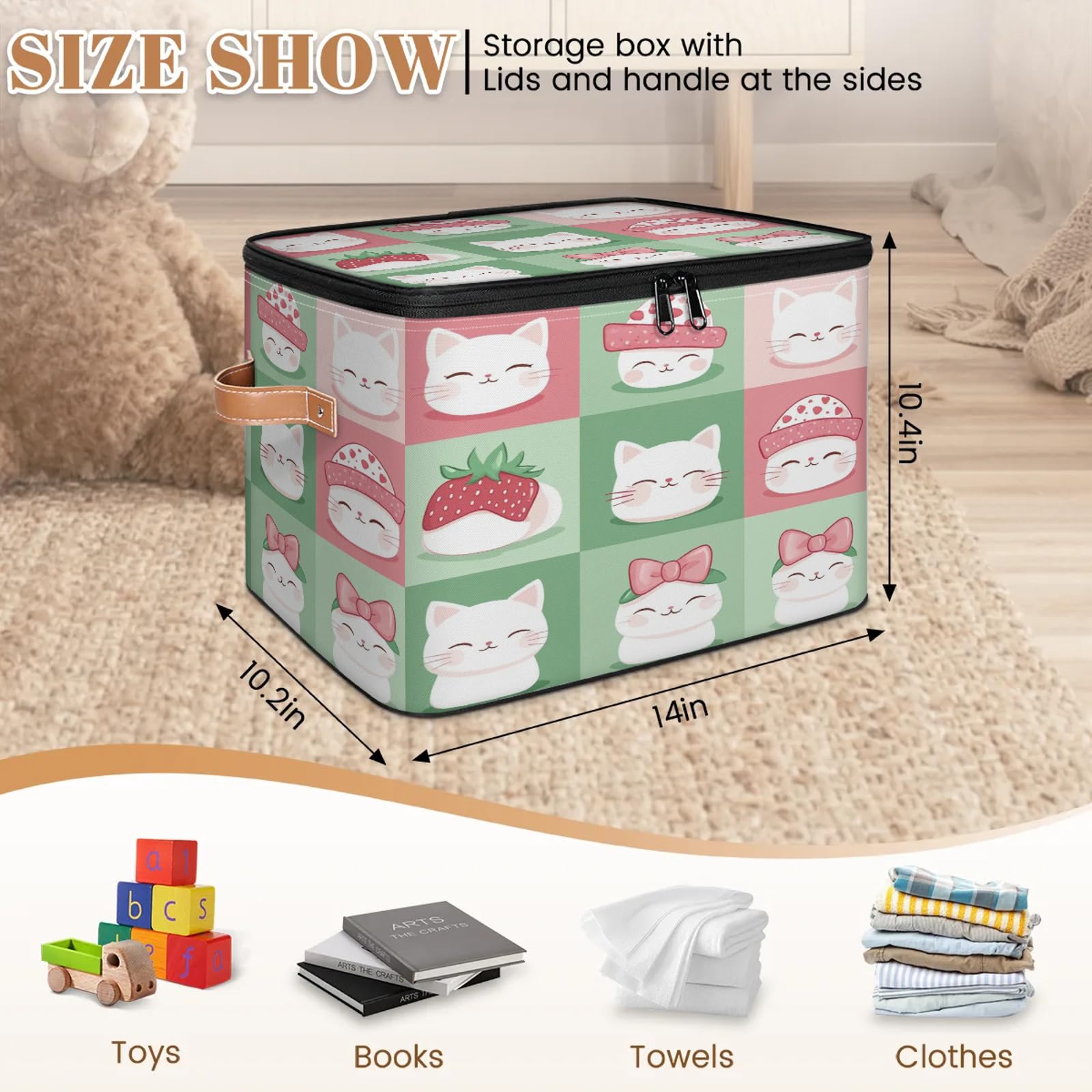 Uroczy truskawkowy kot duży kosz do przechowywania z pokrywką na zamek błyskawiczny składane pudełka do przechowywania kosz domowy organizer na ubrania sypialnia salon 2 szt