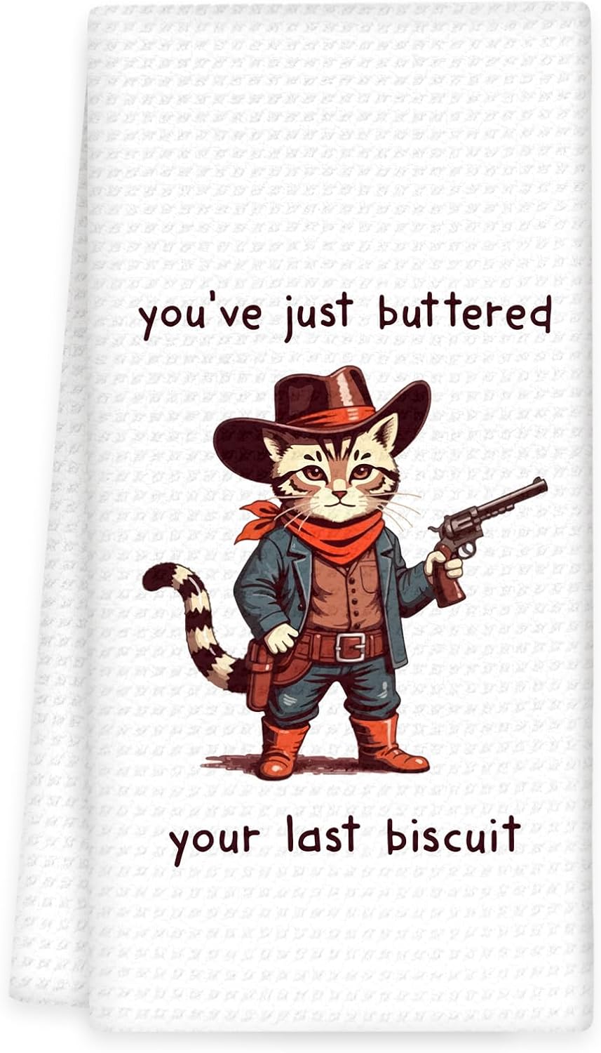 Western Cowboy Cat Kitchen Towels, Funny Western Cat Hand Towels, Sarcastic You’ve Just Buttered Dish Towel Tea Towel for Kitchen Decorative, CatCowboy Bathroom Kitchen Decor, 16x24In