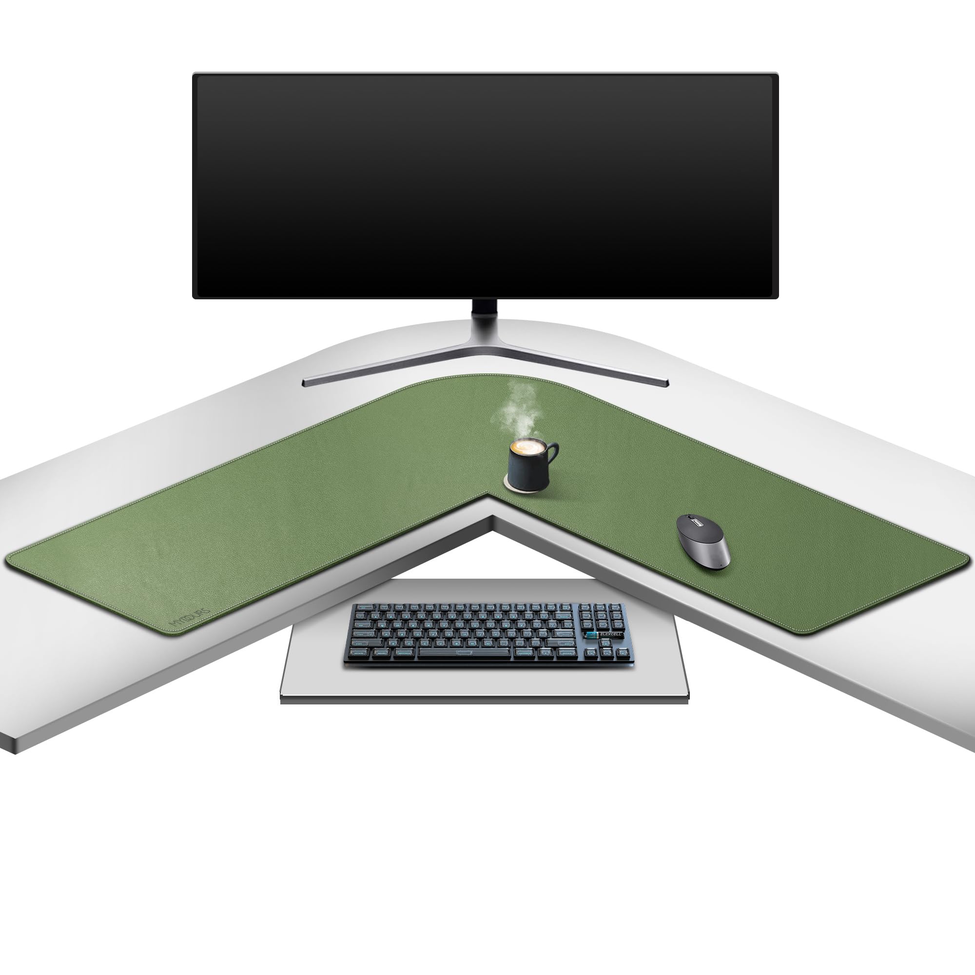 Mydours L-Shape Desk Pad, (38"+38") x 13" Large PU Leather Corner Desk Mat Blotter, XXL Large Waterproof Gaming Mouse Pad, Desktop Protector for Computer Keyboard Home Office (Green)