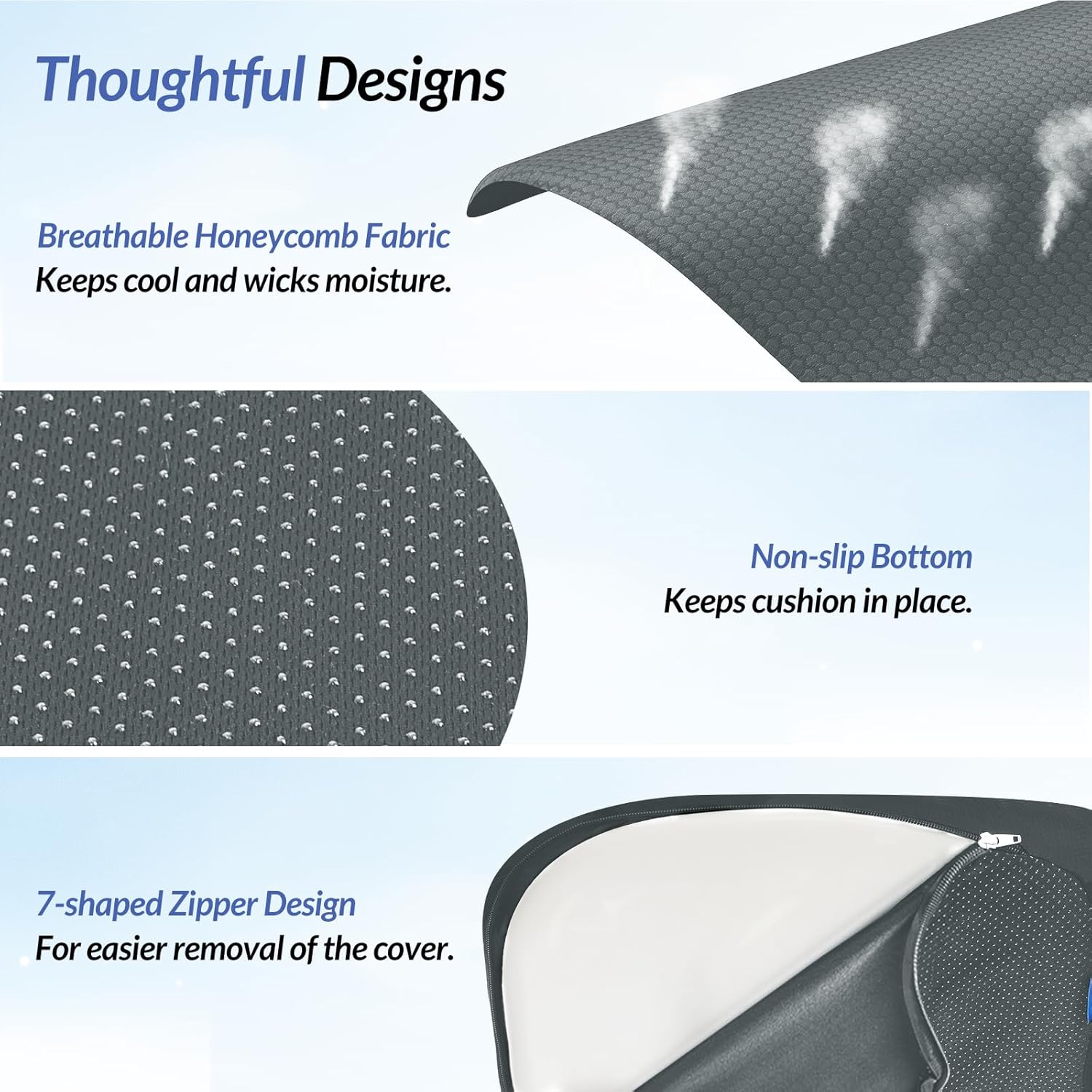 ZIKEE Ergonomic Seat Cushion with Thigh Relief Slope, Office Chair Cushion with Premium Memory Foam for Car, Home, U-Shaped Design Alleviates Hip, Tailbone Pain, Anti-Slip Sciatica Pain Relief (Gray) - Image 6