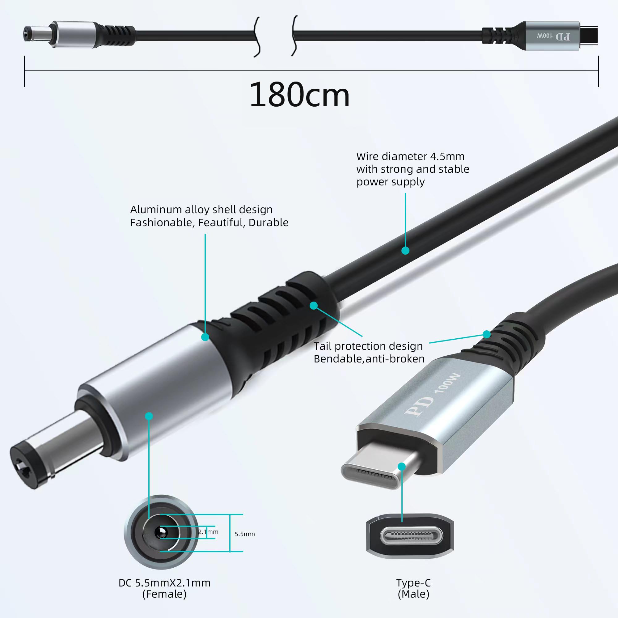 HIEbee Cable de carga USB C a CC de 5,5 mm x 2,1 mm para laptop, entrada USB tipo C macho a CC de 5,5 x 2,1 mm de salida de alimentación macho. Adecuado para interfaz de entrada tipo C, cargador