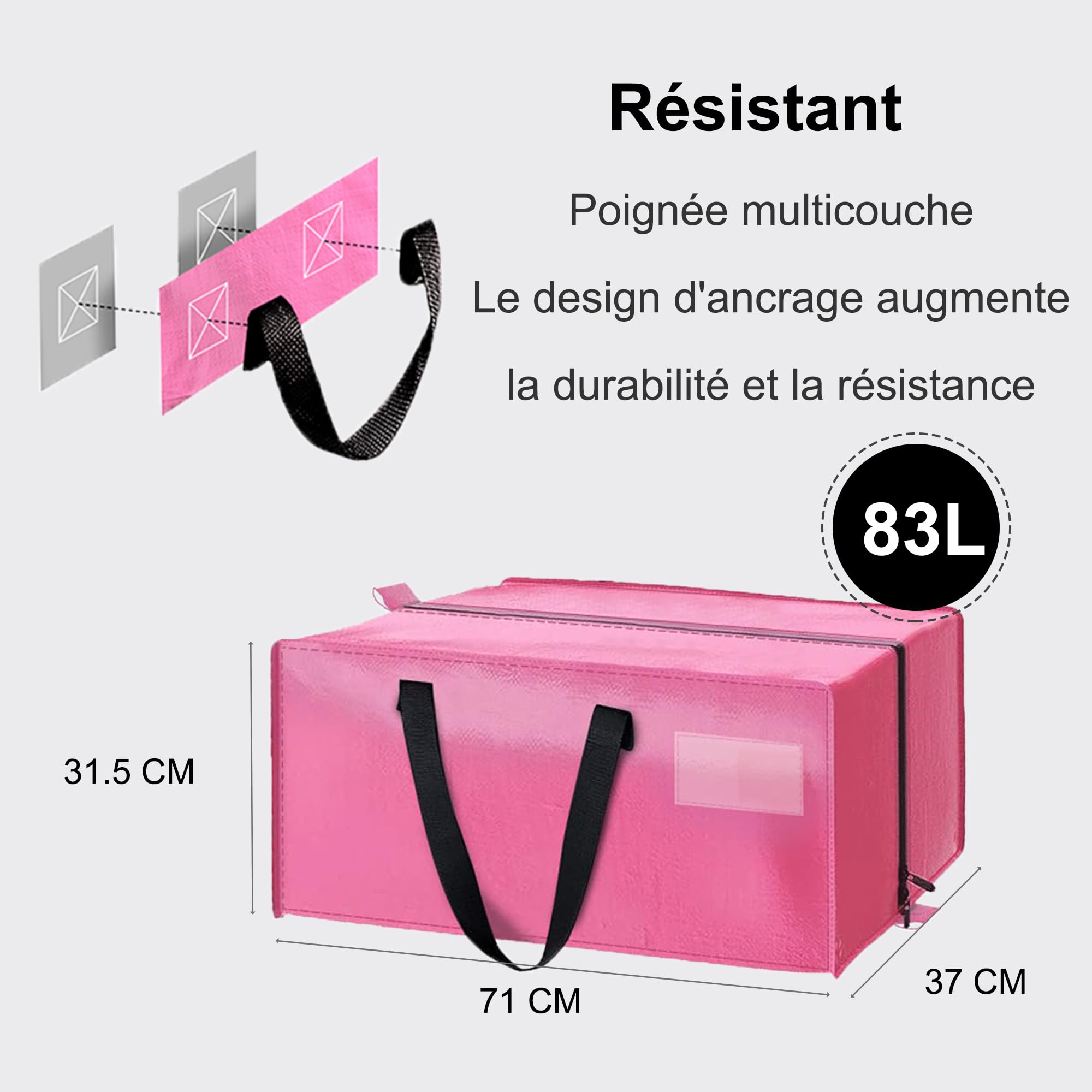 FUSHITON Sachets de Déménagement Rose 6 Pièces, Extra Large 83L Sacs de Rangement avec Fermeture Éclair & Poignées Renforcées, Sacs Pliables pour Déménagement, Vêtements, Literie
