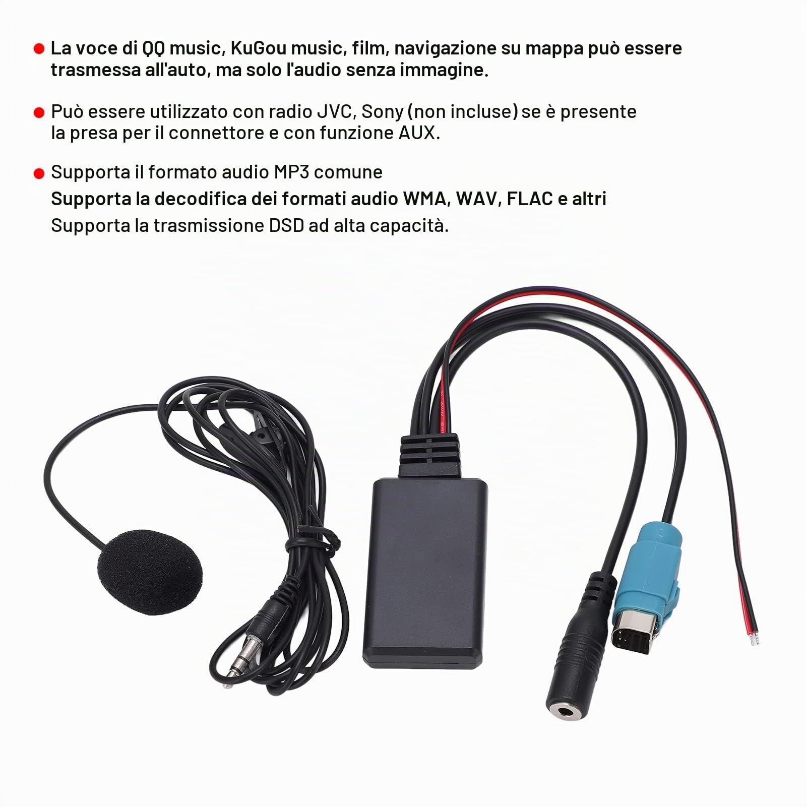 EBTOOLS Cavo Bluetooth Stereo Aux-In per Auto, Sostituzione per Alpine KCE-237B e Lettori CD dal 2009, Bluetooth 5.0, MP3, WMA, WAV, FLAC, DSD, Microfono Rimovibile, ABS, Nero Popolare