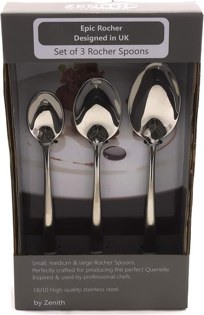 Rocher Chef Professional Catering Spoons Set of 3, Small, Medium and Large, 18/10 Rocher Spoons, Stainless Steel, Perfect for Producing a Rochelle and One Handed Quenelle