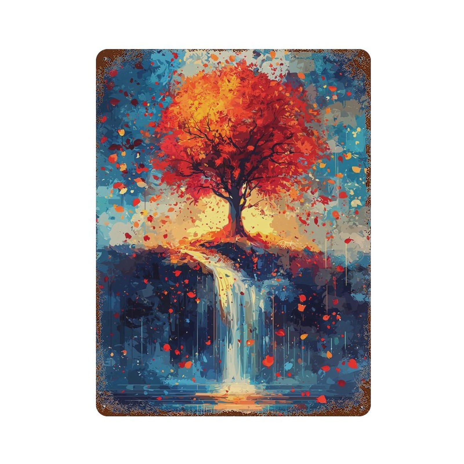 Rust Effect Autumn Leaves Waterfall Painting Rusty Metal Tin Sign 15.7"x11.8", Shabby Chic Decor for Garage, Bar And Workshop Decor
