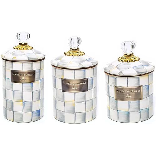 MACKENZIE-CHILDS Enamel Canister Set, Small (38 oz.), Medium (48 oz.), and Large (64 oz.) Kitchen Containers, Gray-and-White Sterling Check