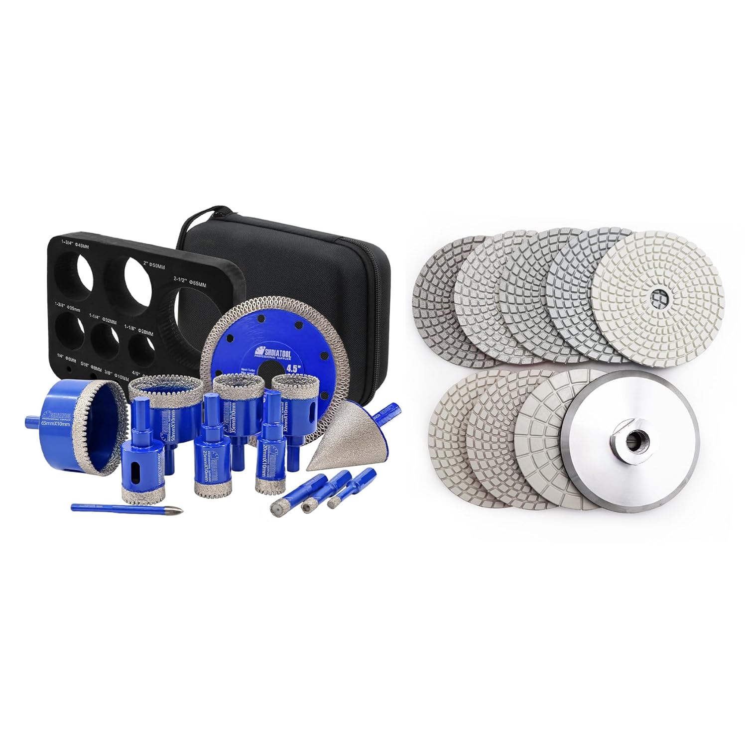 SHDIATOOL Diamond Drill Bits Kit - Core Bits Hole Saw Sets,Mould Guide for Drilling Porcelain Tile Marble Ceramic Granite with Hollow EVA Guide Jig 13pcs(6/8/10/20/25/28/32/35/50/65/1-3/4in+4.5in+6mm)