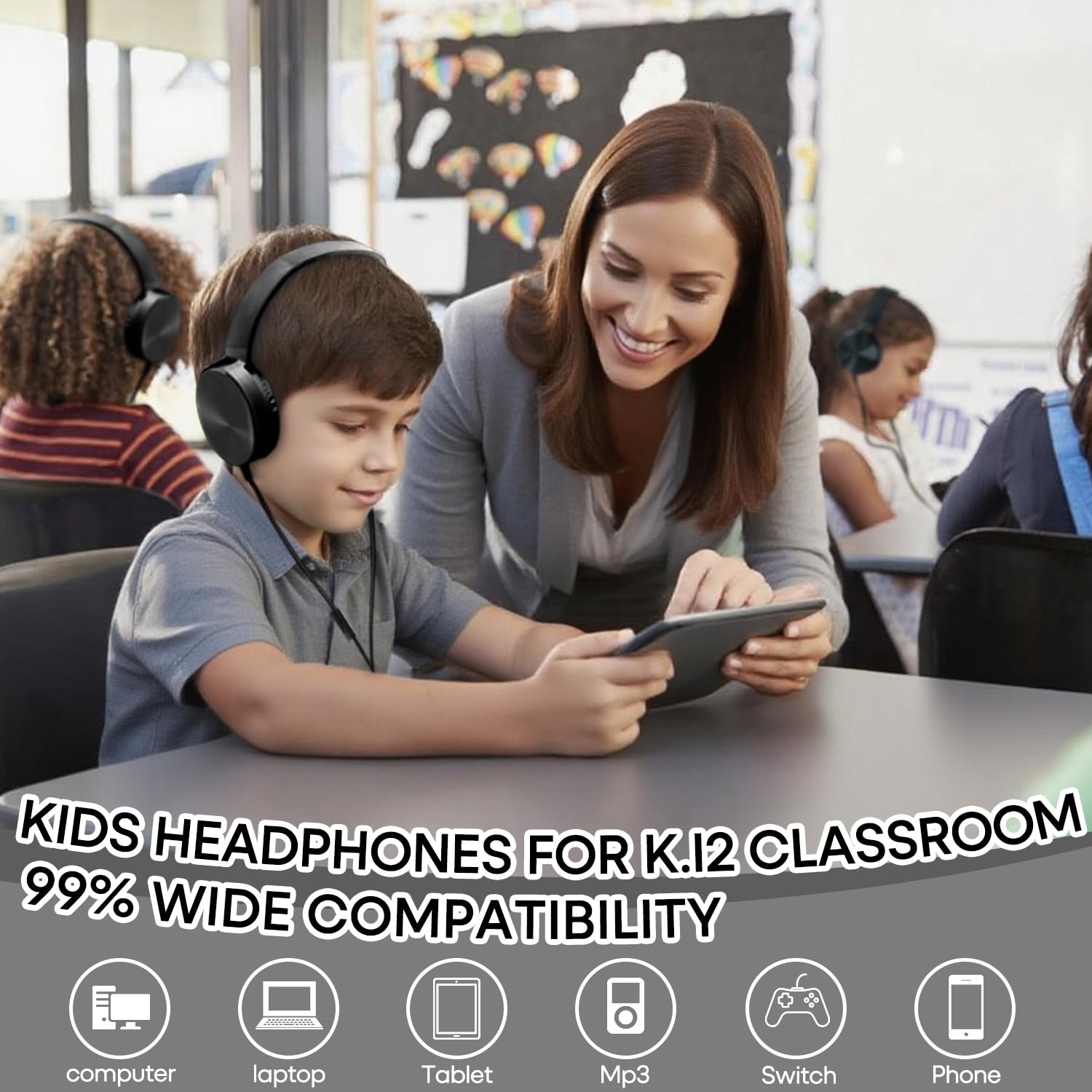 Paquete de 10 auriculares de aula a granel, auriculares duraderos con cable para estudiantes, niños, adolescentes, niños y adultos (LS450, 10 negro)