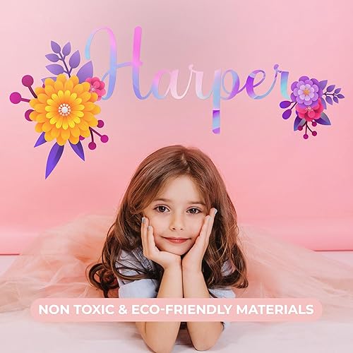 Miniatura 6 de Calcomanías de pared personalizadas con nombre y flores, diseño de arco iris, decoración de habitación para dormitorio, calcomanías de flores para