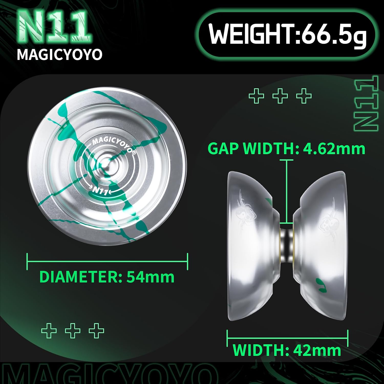 MAGICYOYO N11 Professional Unresponsive Yoyo N11 Dual Purpose Alloy Trick YoYo Ball with Bag, Glove, 12 Yoyo Strings and Responsive Bearing Kit -Silver Green