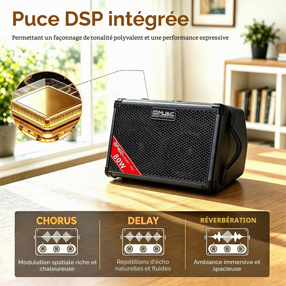 Coolmusic Amplificateur de Guitare Acoustique BP40D - Haut-Parleur Bluetooth Portable 80 W avec Batterie avec Effet de Retard de réverbération Chorus, 6 entrées, égaliseur 3 Bandes