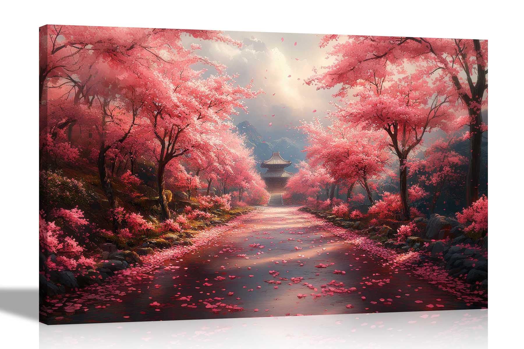 Artley Prints - Footpath to Japanese Temple in Mountain Top Canvas Wall Art Botanical Prints For Office Home Hallway Living Room Decor 60 x 40cm (24 x 16 inches) A2