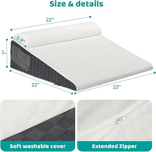 Miniatura 5 de Almohada de cuña de cama para apnea del sueño, almohada de cuña triangular de 22 x 22 x 7 pulgadas con almohada para el cuello para dormir, reflujo
