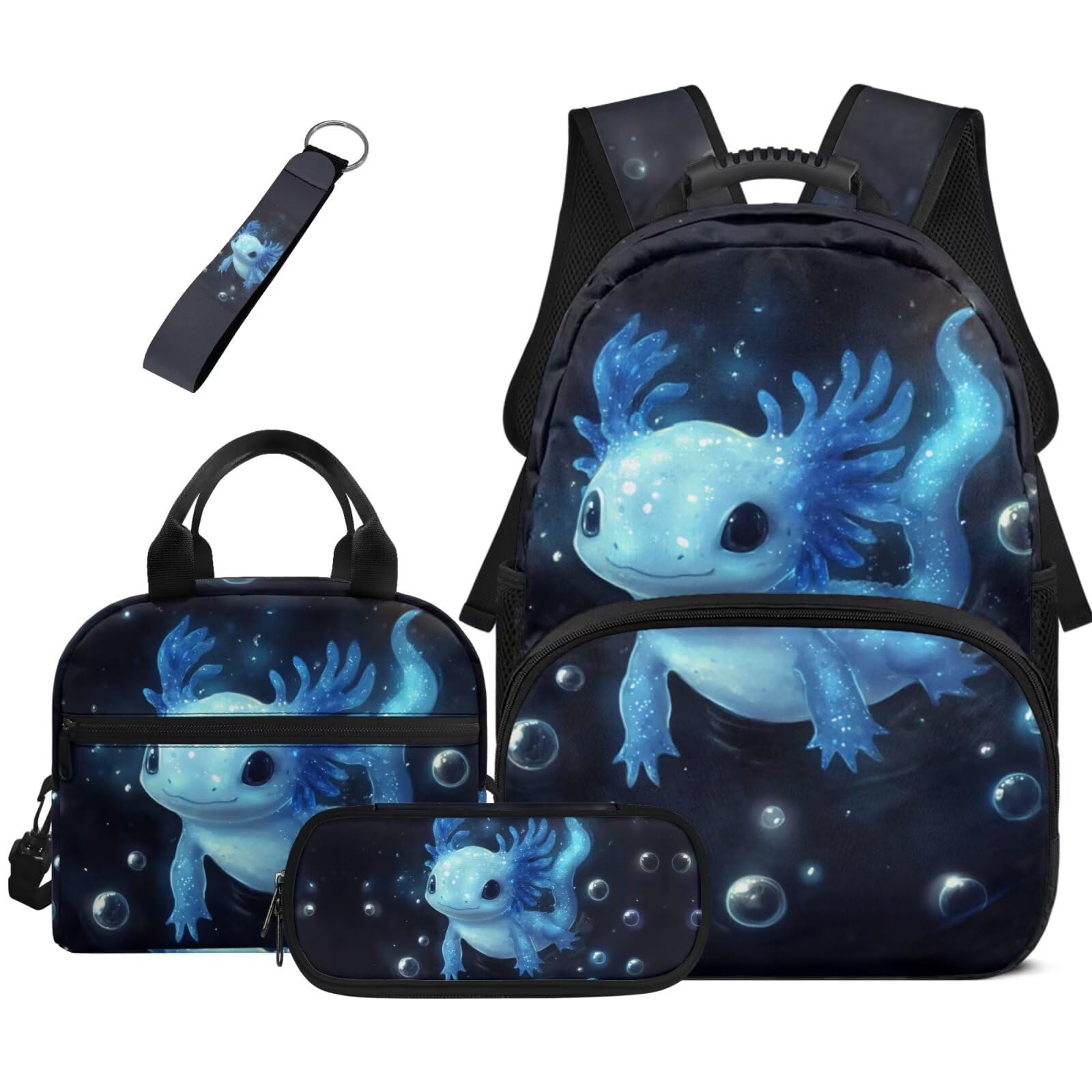 HUGS IDEA Zaino per ragazze con portapranzo 4 in 1 43,2 cm carino e leggero borsa per libro scolastico astuccio portachiavi, Glow Axolotl