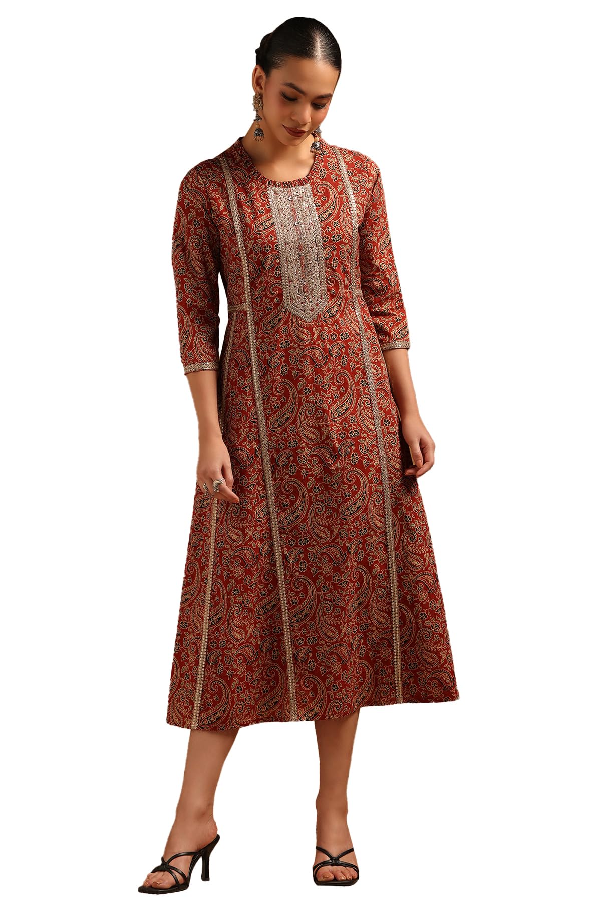 Womens Cotton Paisley Print Dress with Sequined-image-22