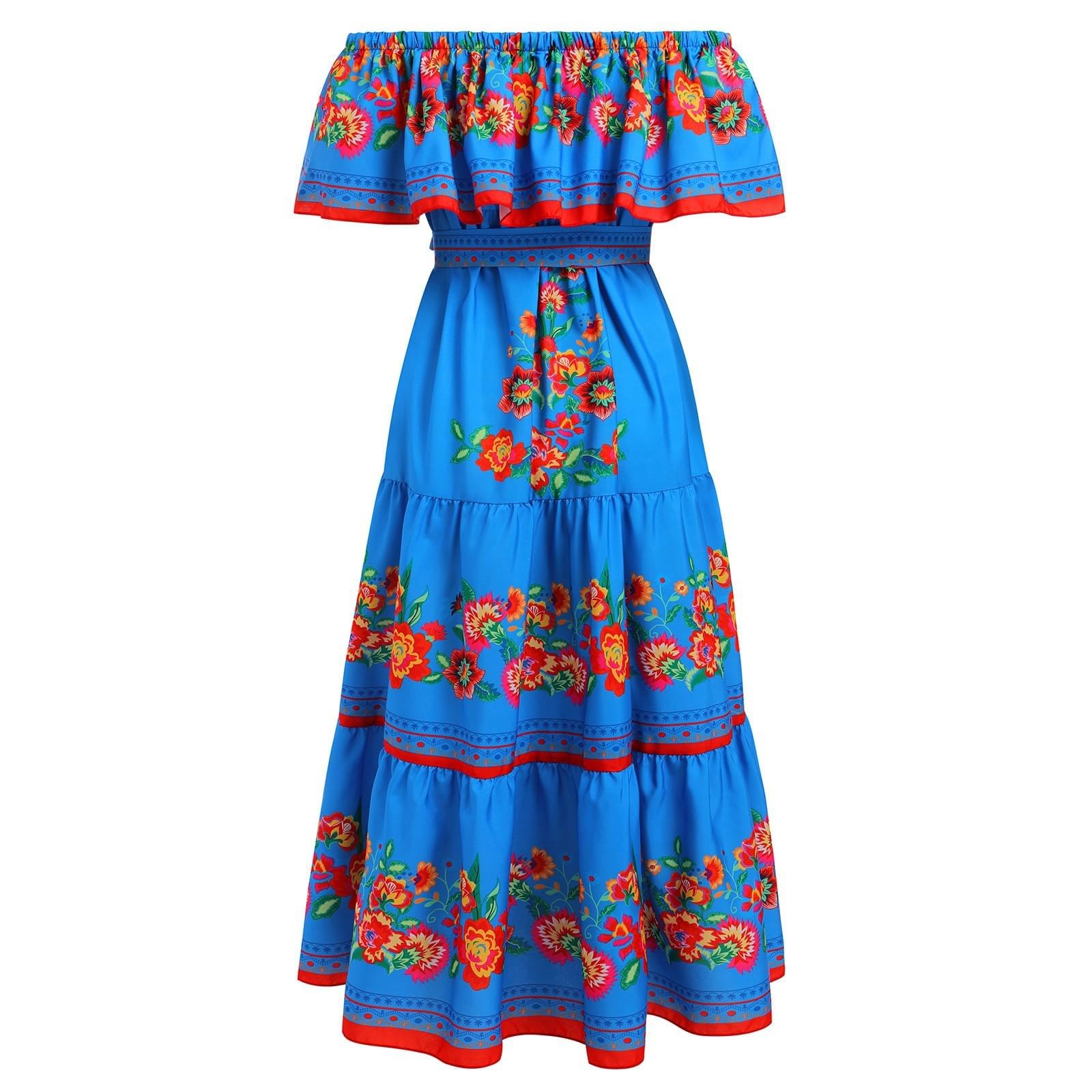 Robe Longue Femme | Mexicaine Traditionnelle | Épaules Dénudées | Jupe Ample | Imprimé Floral Rouge | Bohème Chic Été