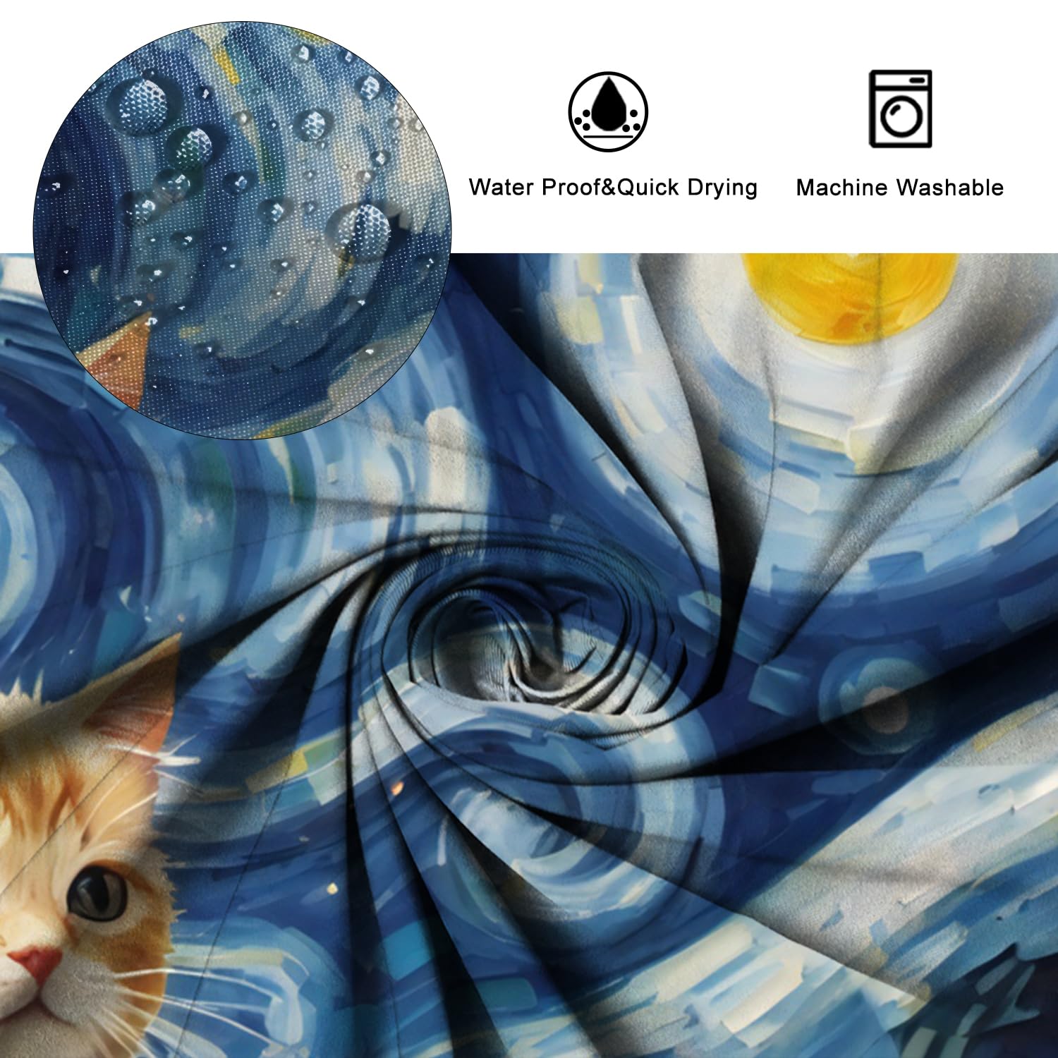 Cortina de Baño 165x183cm Temática para Gatos - Estrella de Arte Azul con Gatos Naranjas - Impermeable, Poliéster, Decoración de Baño