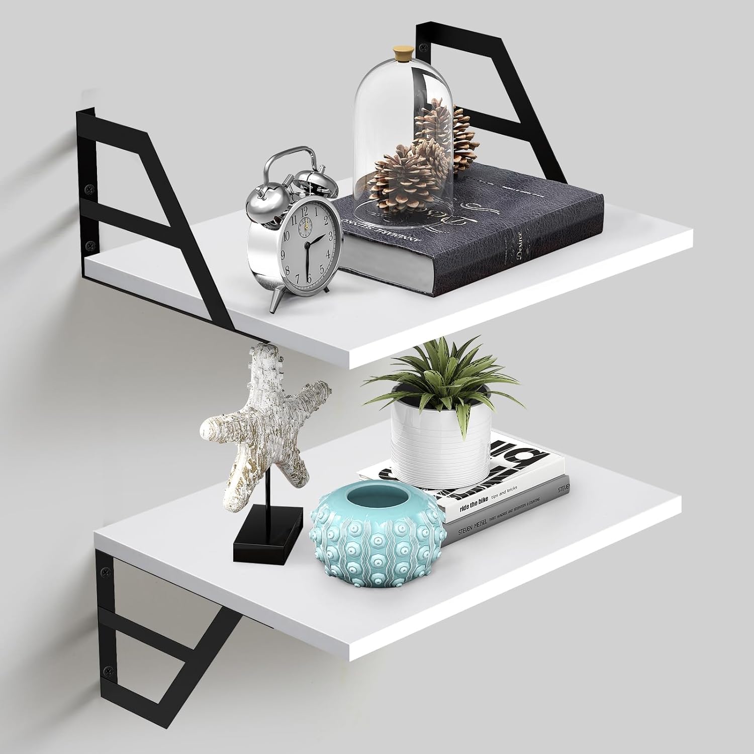 Deep Floating Shelves, Wall Mounted Book Shelf for Living Room, Bedroom Storage Rack for Wall Decor, Shelves for Wall Storage, Shelving with Metal Brackets for Bathroom Kitchen (Set of 2, White)