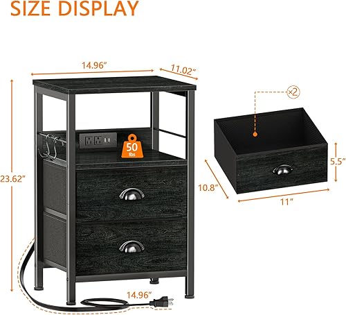 Miniatura 3 de Furologee Juego de 2 mesitas de noche, roble negro, con estación de carga y puertos USB, mesas auxiliares con 2 cajones de tela, mesitas de noche