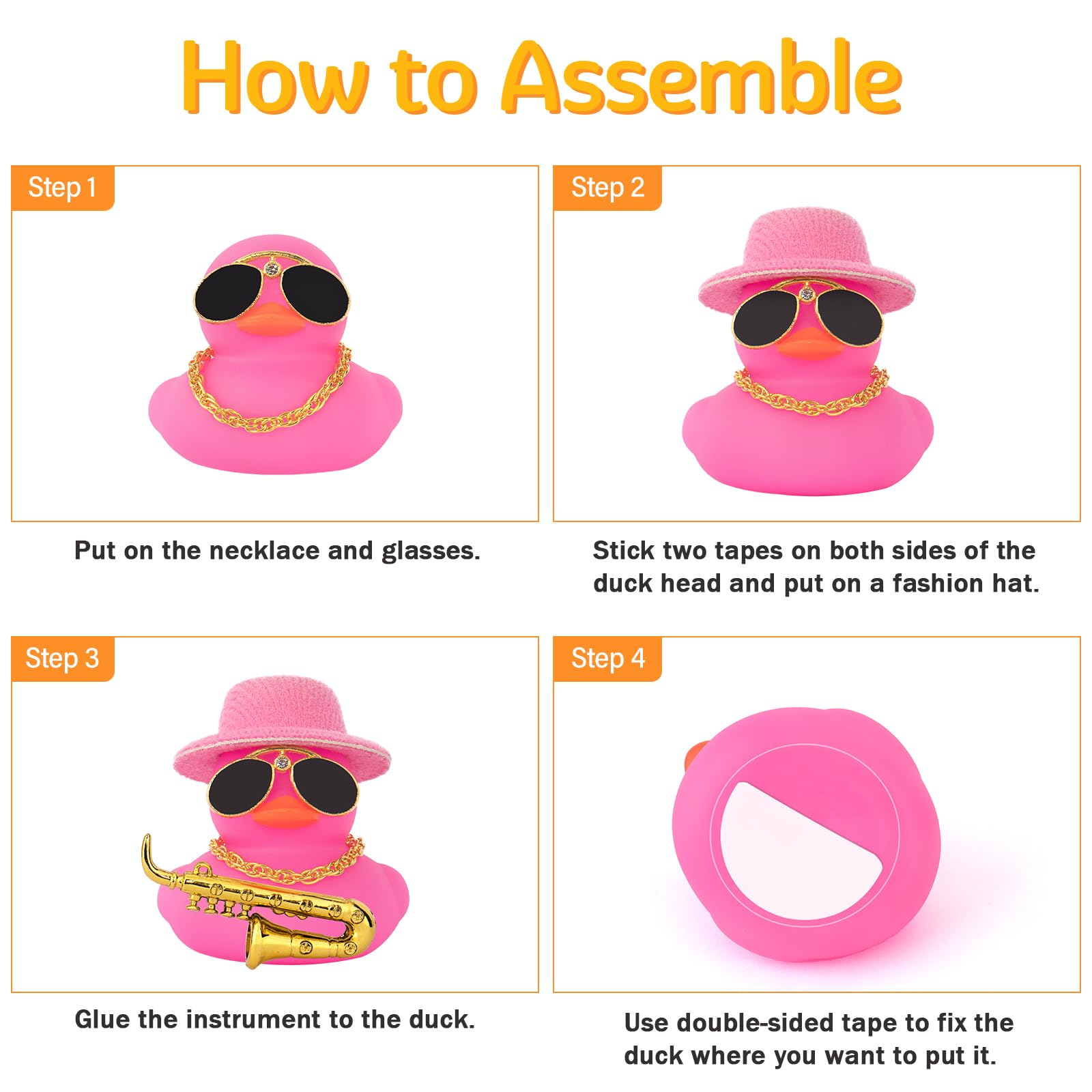 wonuu Car Dashboard Ducks, Saxophone Decor Rubber Duck Car Ornaments with Mini Top Hat Necklace Sunglasses (Light Blue)