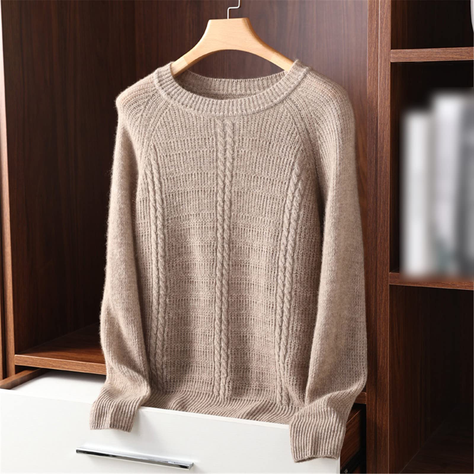 Kelsiop Primavera y otoño 100% suéter de cachemira de las mujeres suéter de cuello redondo casual de punto suelto de moda suéter cálido, azul, S