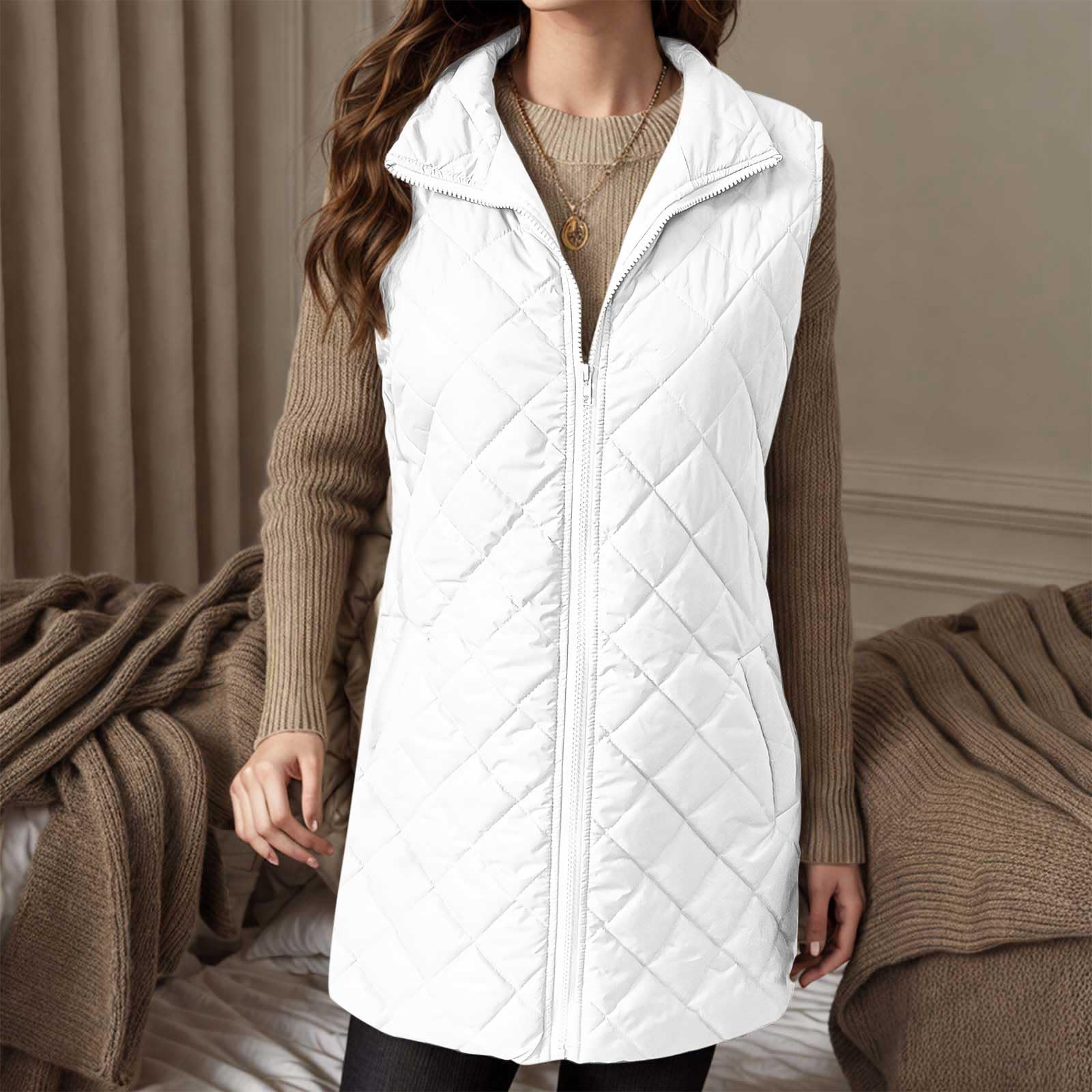 RLEHJN Dünne Steppweste Damen Leicht Lang Stehkragen Schlanke Weste Jacke Bequem Täglich Steppweste Dünner Und Leichter Daunenmantel Winddichte Fleece Damenweste Baumwolle Weste