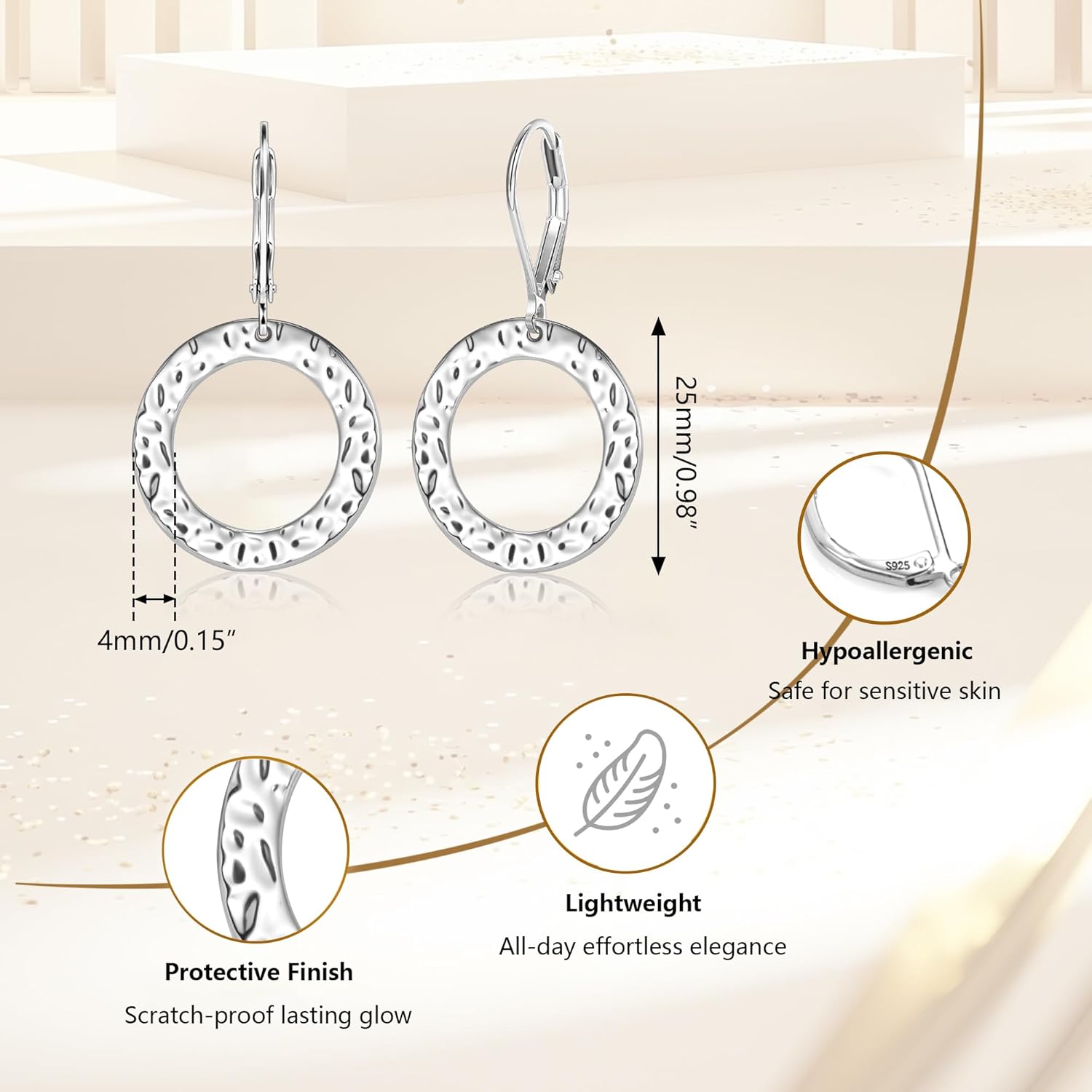 ALEXCRAFT 925 Sterling Silver 14K Gold Dangle Earrings for Women, Hypoallergenic Drop Handmade Hammered Circle Round Earring Leverback Dangling Minimalist Earings - Image 4