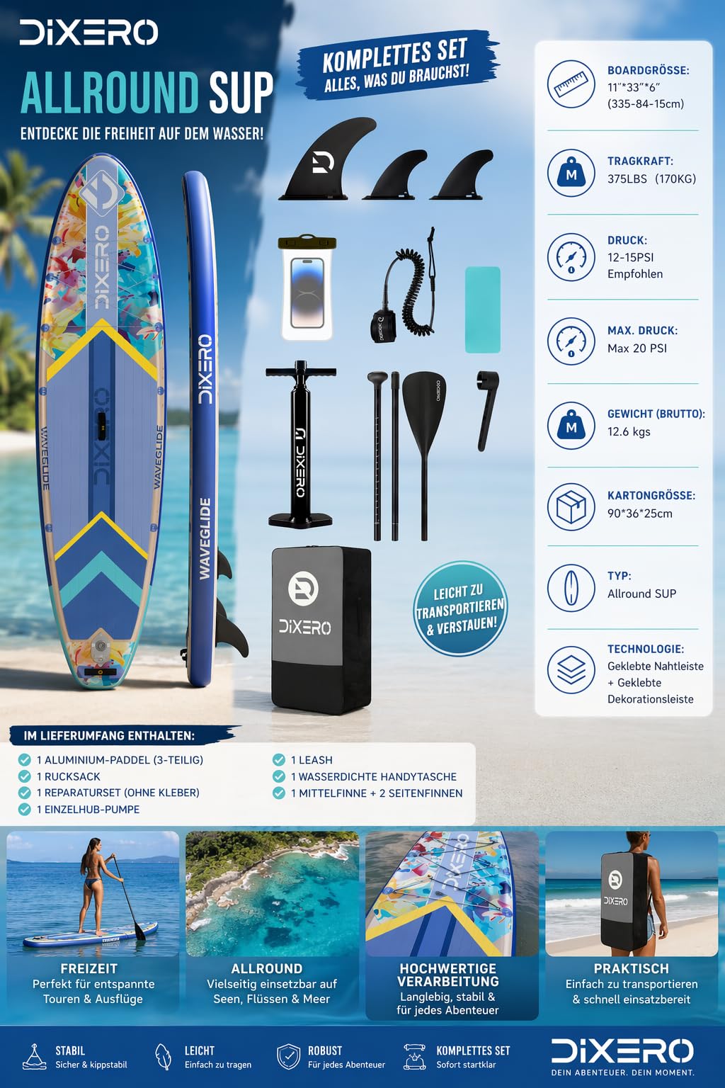 COIL SUP Board – nadmuchiwana deska SUP – kompletny zestaw – wodoszczelny pokrowiec na telefon komórkowy – stabilny, lekki, z wiosłem, z pompką, akcesoria