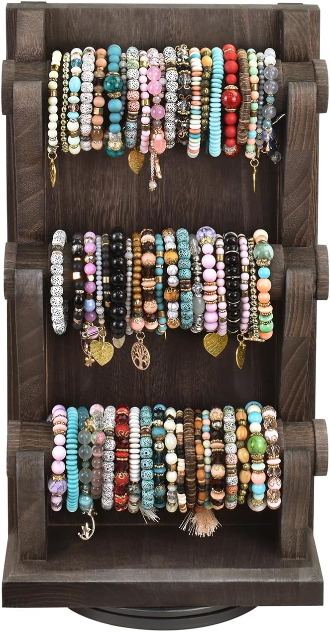 Ikee Design Two-Sided Rotating Wooden Jewelry Bracelet Display Stand-6 Removable Holders, 3 Tier Bar Bangle Organizer-Perfect for Bracelets and Jewelry Display, Dark Brown Color - Image 3