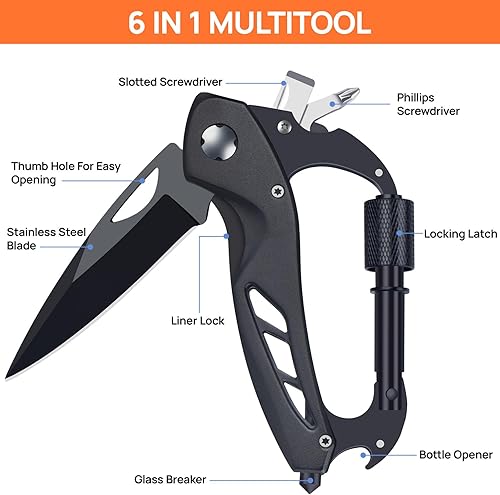 Miniatura 3 de Mosquetón multiherramienta con cuchillo de bolsillo, regalo para hombres, él, papá, marido, multiherramienta 6 en 1 con mosquetón EDC, abridor de