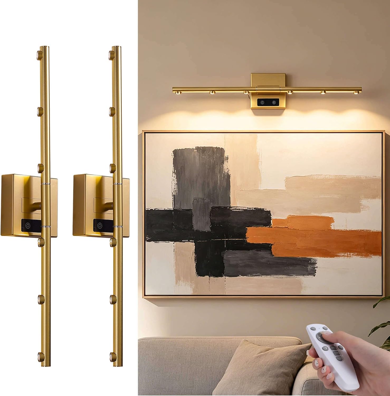 BAGARLEX Battery Operated Wall Sconces Set of 2,360° Rotation Rechargeable Wall Lights 3000K~6000K,20%~100% Dimmable,No Wiring Required Gold Wall Lamp for Living Room,Hallway,Picture Frame Lighting