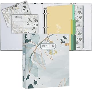 Recipe 3 Ring Binder 8.5x9.5, Full Page 3 Ring Recipe Binder Organizer Set with 25 Slot Pages & 50 Recipe Cards & 6 Divider Pages, Recipe Book for Make Your Own Recipe Sleek Kitchen Greenery