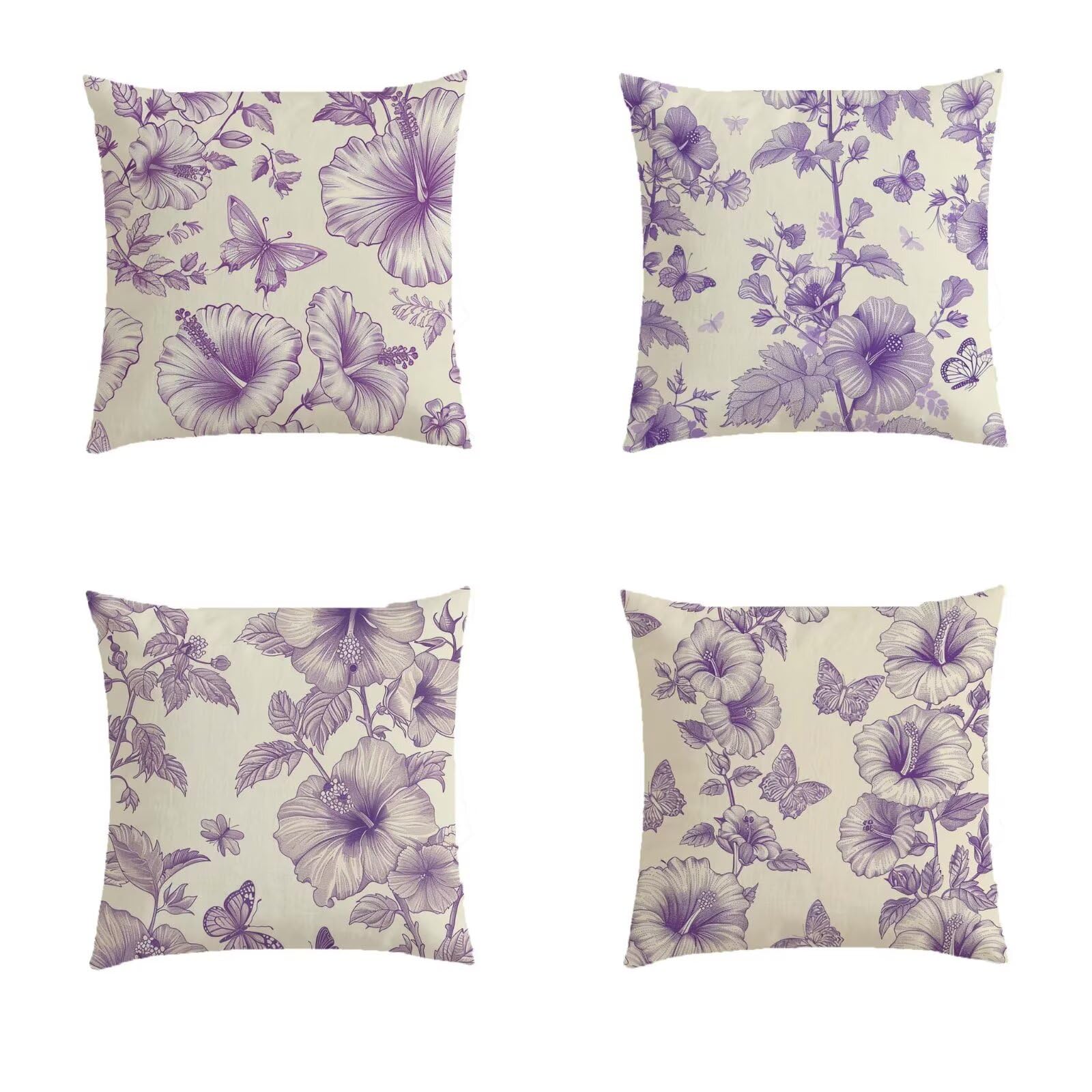 Housse coussin 60x60cm extérieur aspect lin violet motif floral haut de gamme
