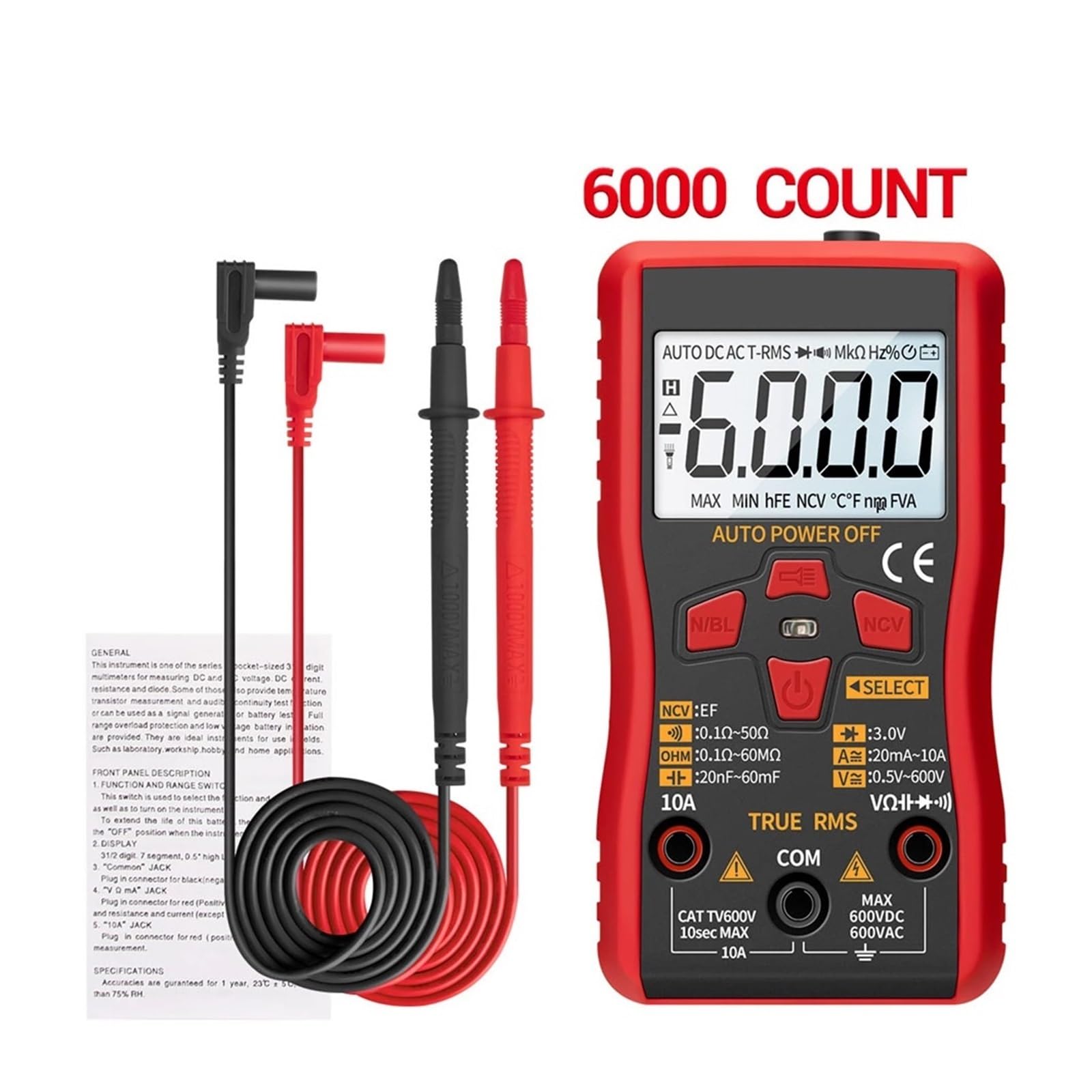 Mini Multímetro Digital Tester Auto Mmultimetro True Tranistor Meter Con NCV Data Hold 6000counts Linterna Lectura Rápida Precisa Sencilla